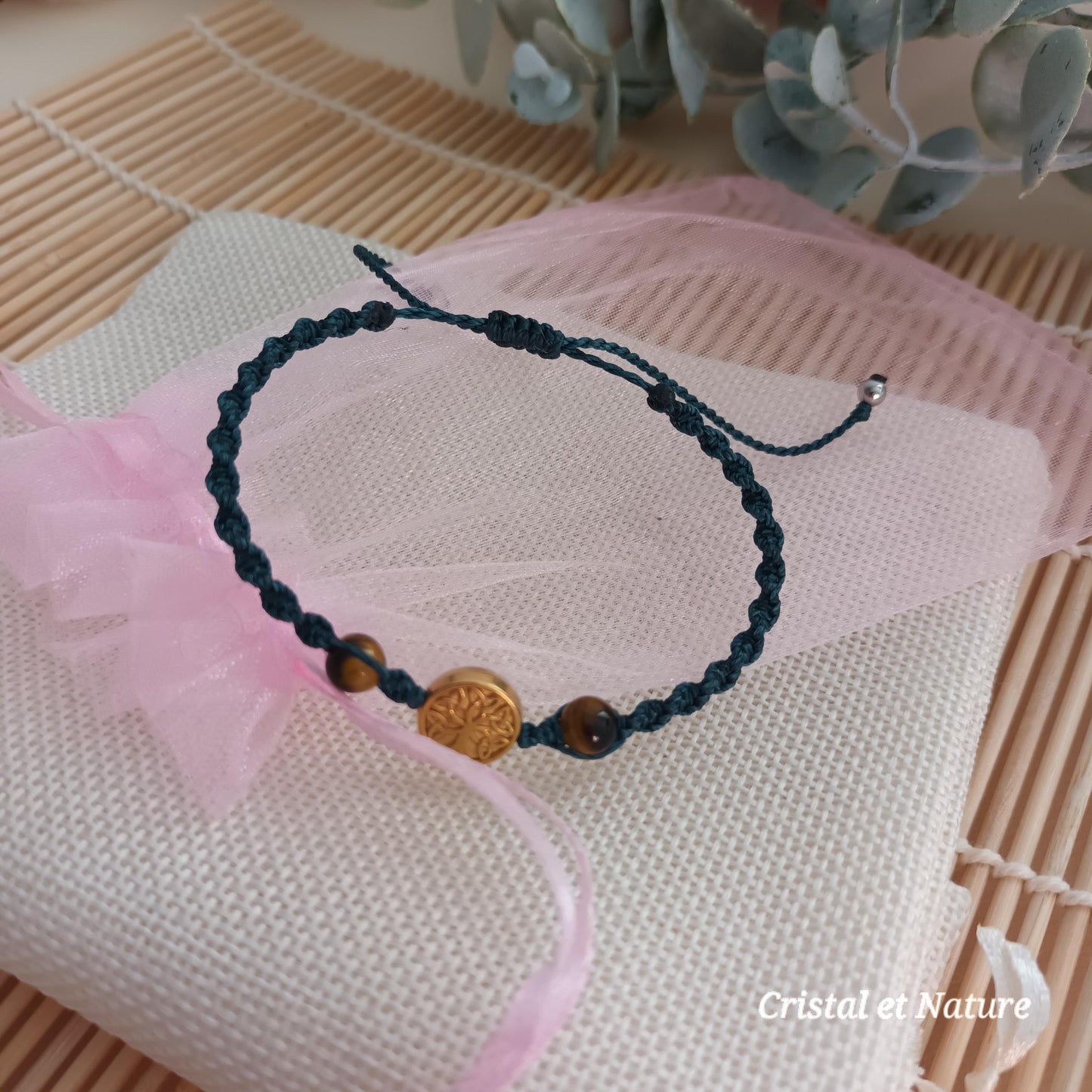 Bracelet micro‑macramé arbre de vie doré – œil de tigre – ajustable