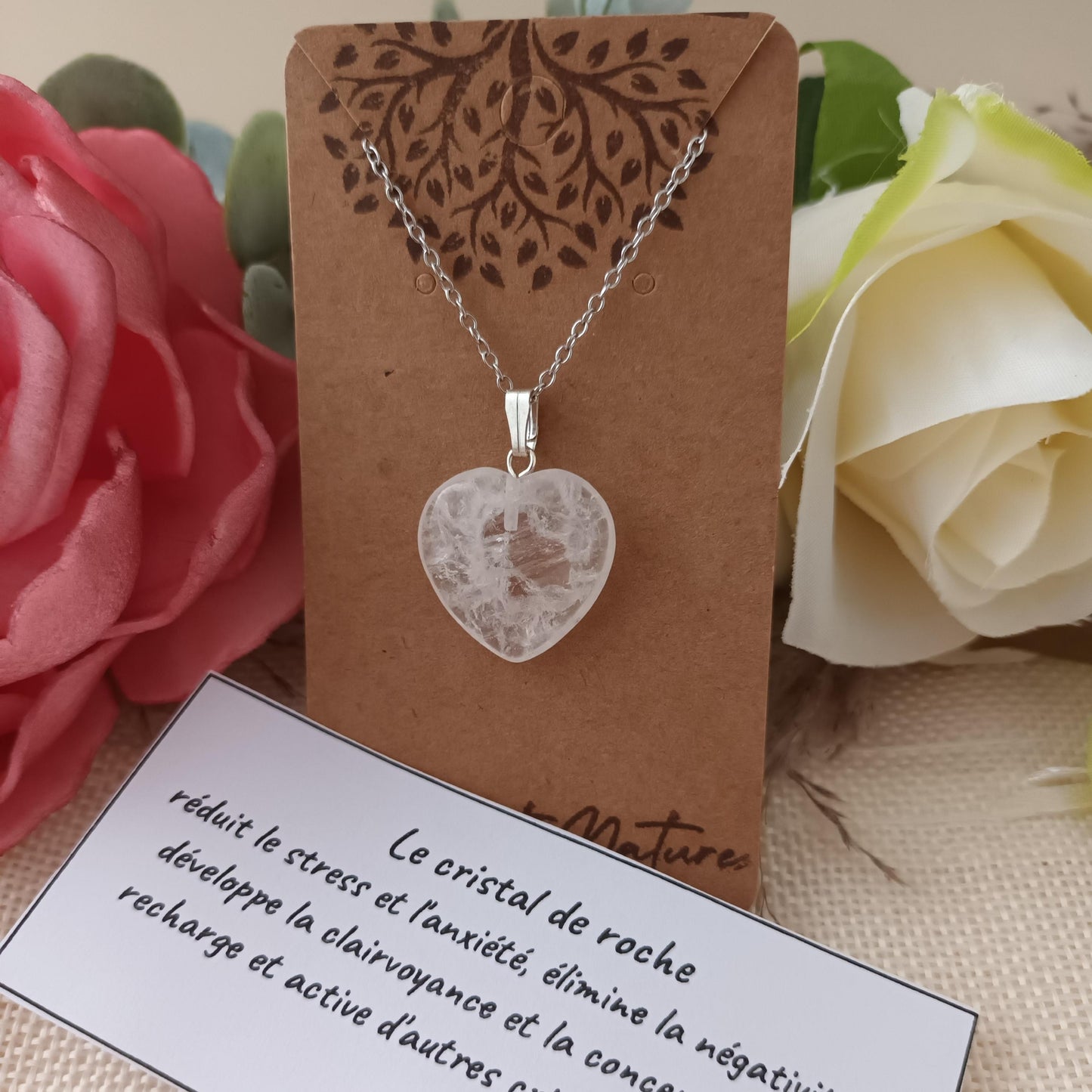 Pendentif cœur cristal de roche 2 × 2 cm - chaîne acier inox argent