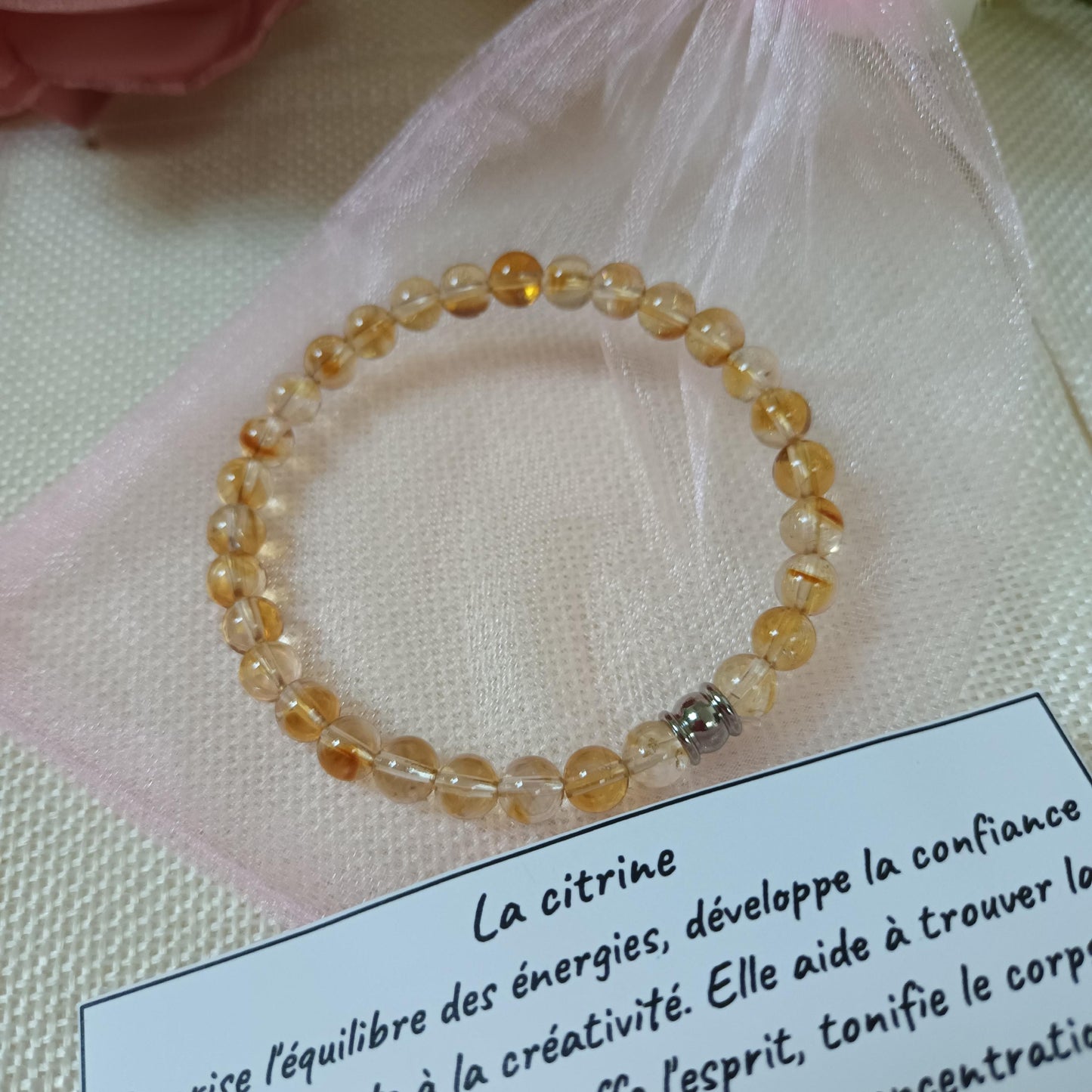 Bracelet citrine 6 mm - perle acier inox – élastique
