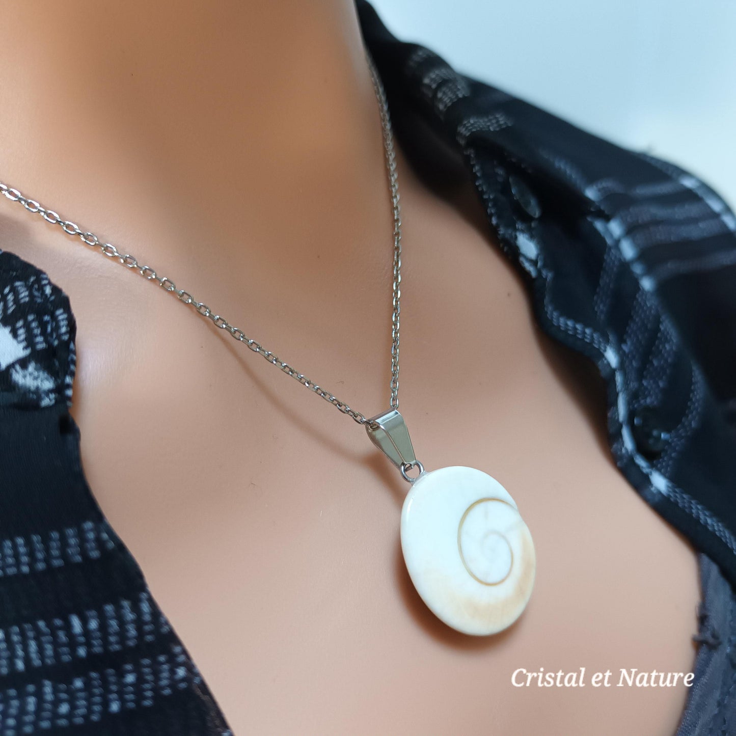 Pendentif œil de Sainte‑Lucie – porte‑bonheur naturel – acier inoxydable argenté