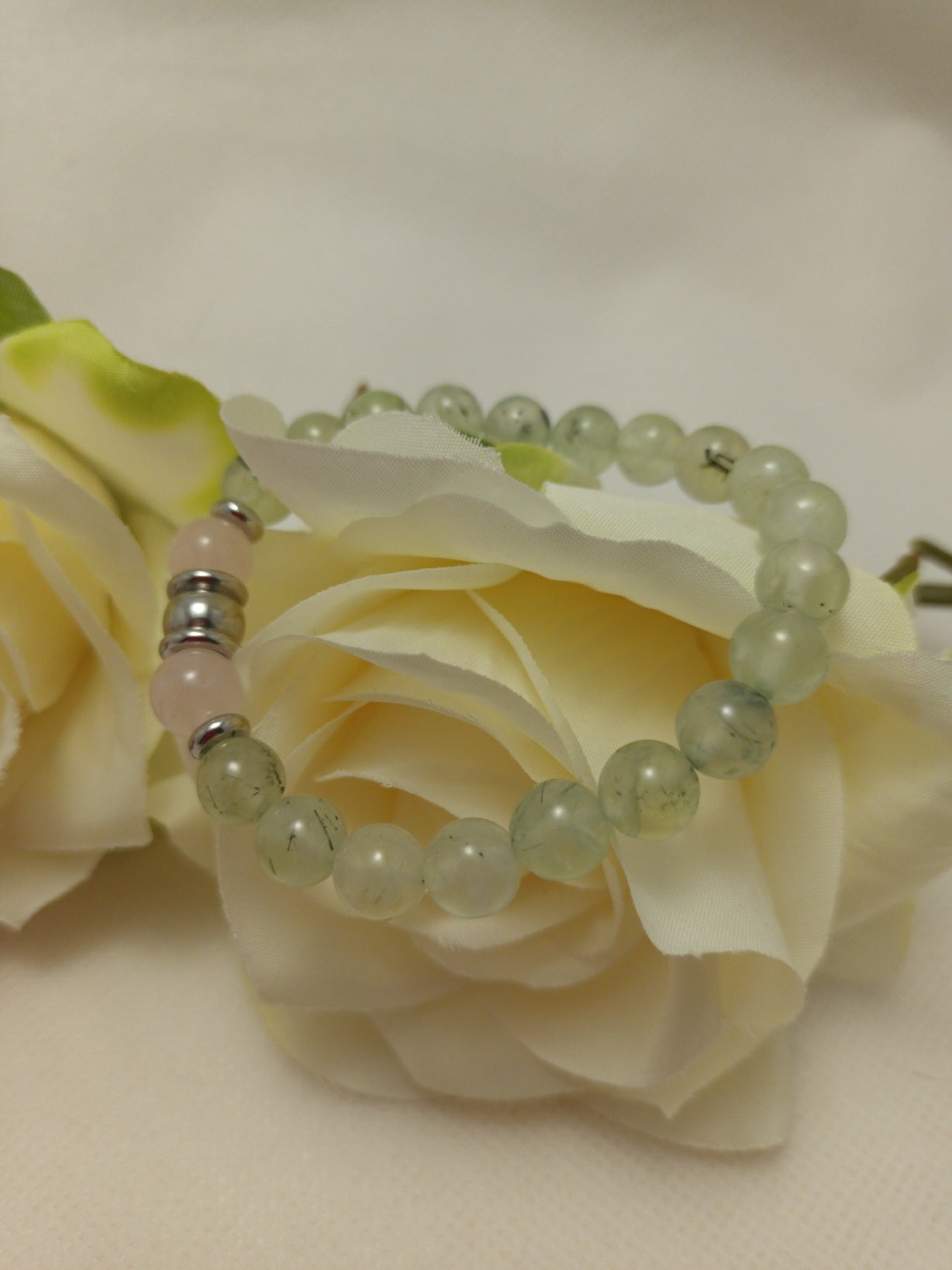 Bracelet préhnite et quartz rose 8 mm - perles acier inox - élastique 15 cm