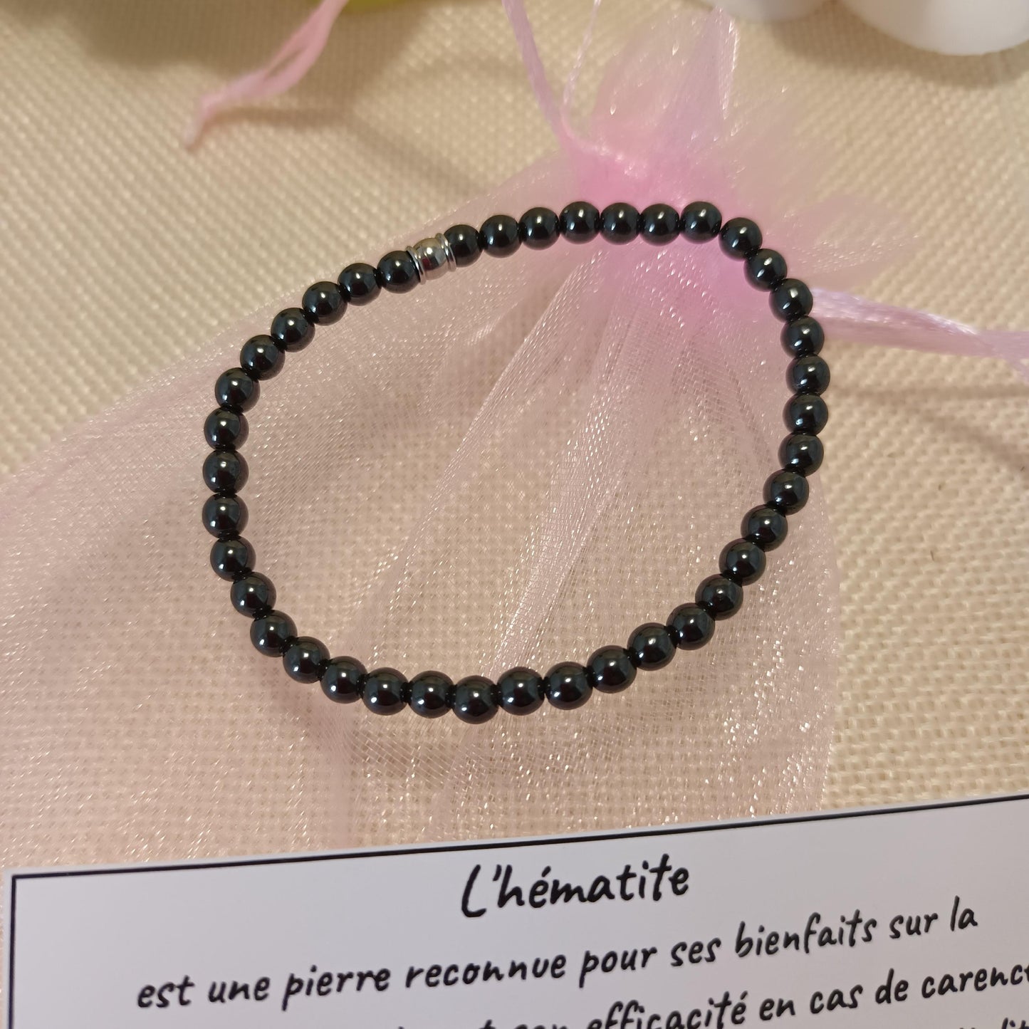 Bracelet hématite 4 mm - perle acier inox – élastique 15 cm