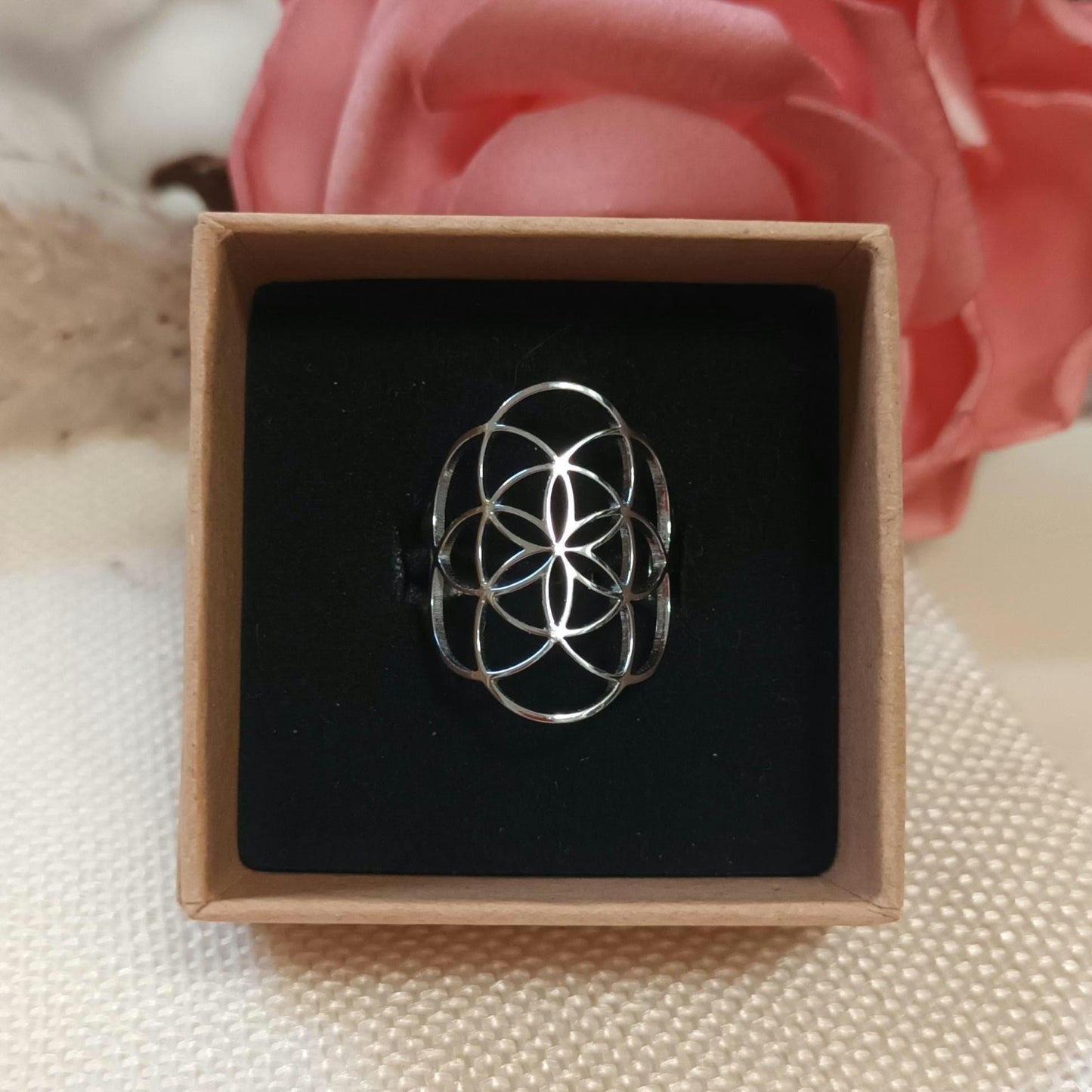 Bague fleur de vie réglable – acier inoxydable argenté