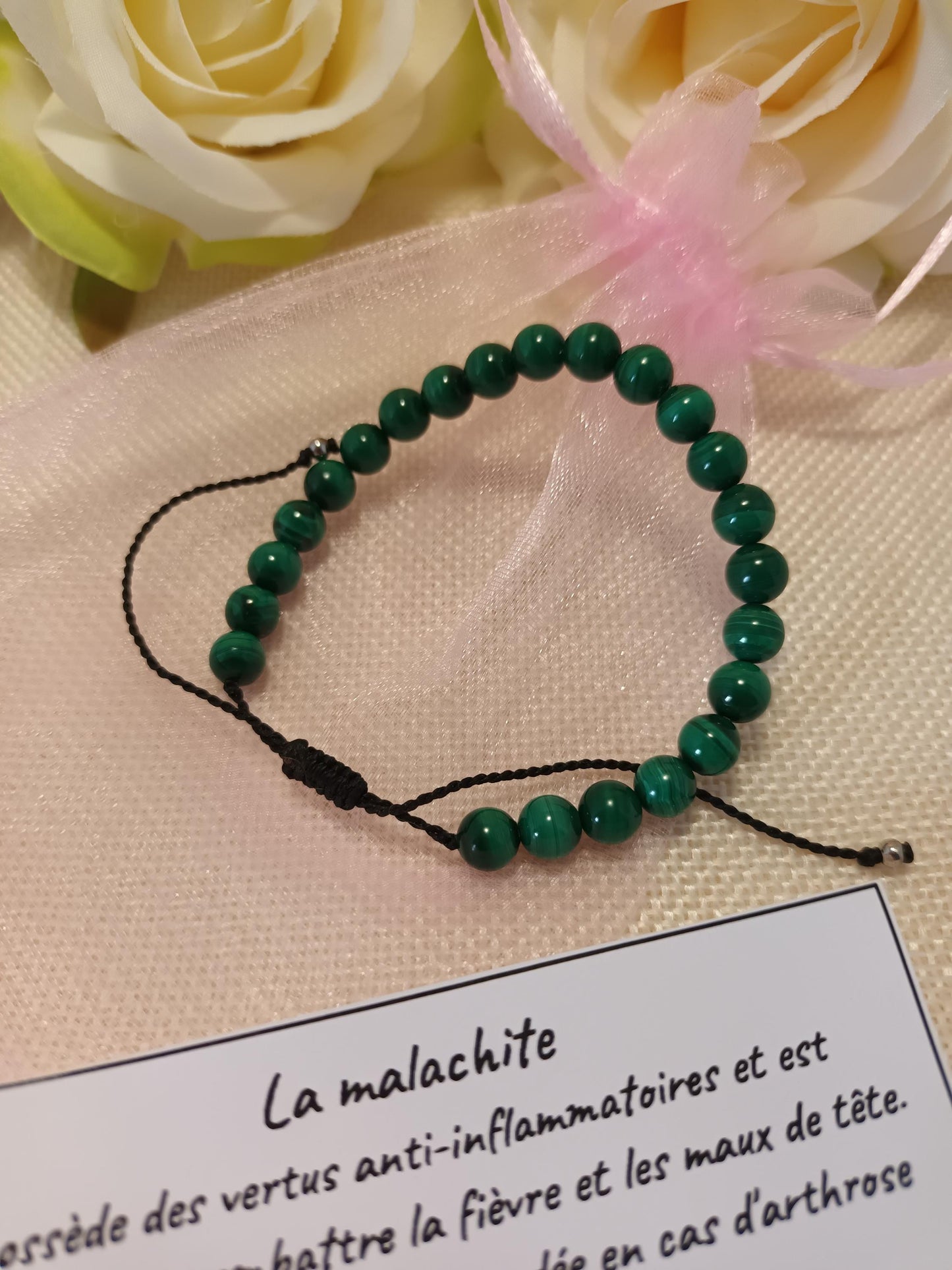 Bracelet malachite 6 mm - micro-macramé - réglable