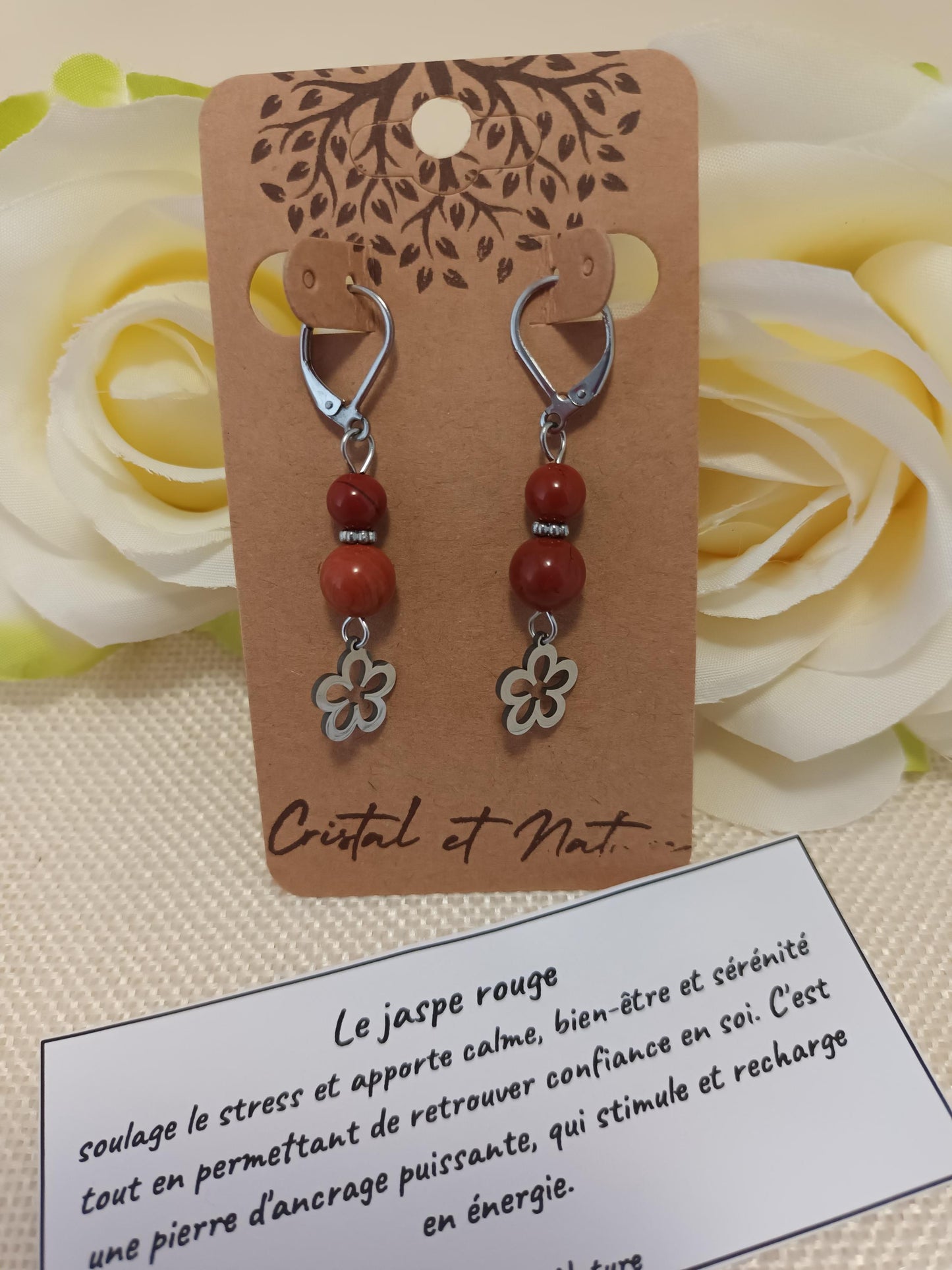 Boucles d’oreilles jaspe rouge - fleur acier inox - 4,6 × 1 cm
