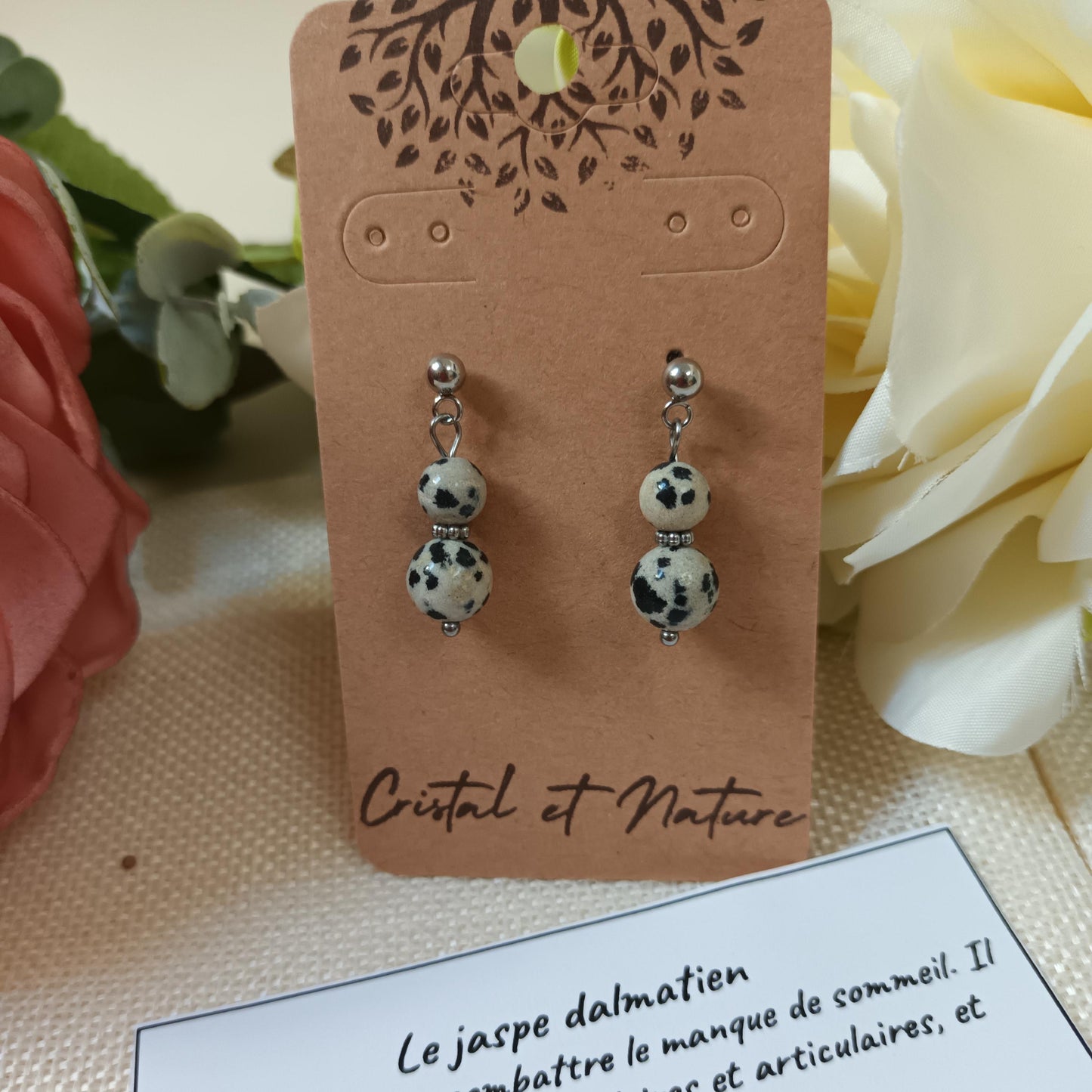 Boucles d’oreilles jaspe dalmatien – acier inox argent – 2,8 × 0,8 cm