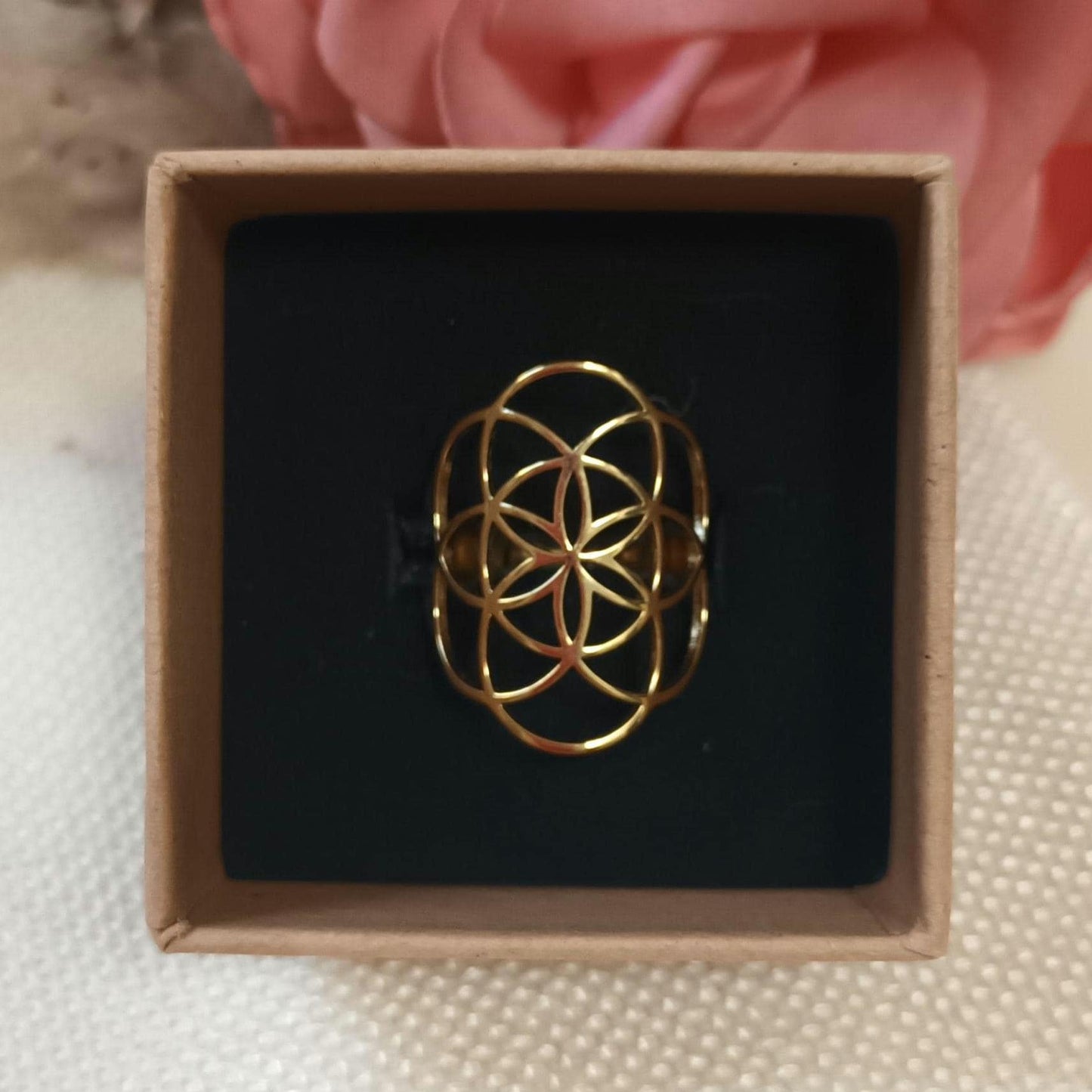 Bague fleur de vie dorée réglable – acier inoxydable or