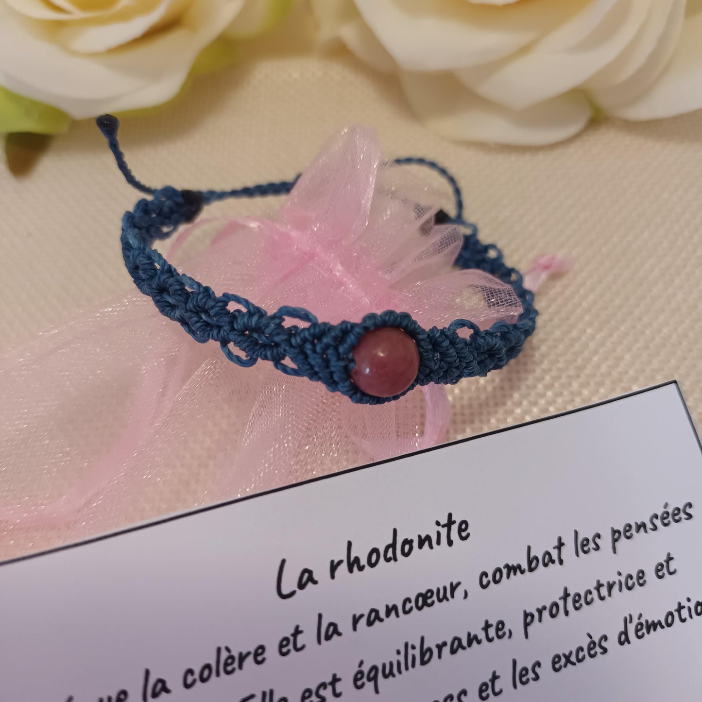 Bracelet rhodonite - micro-macramé - réglable
