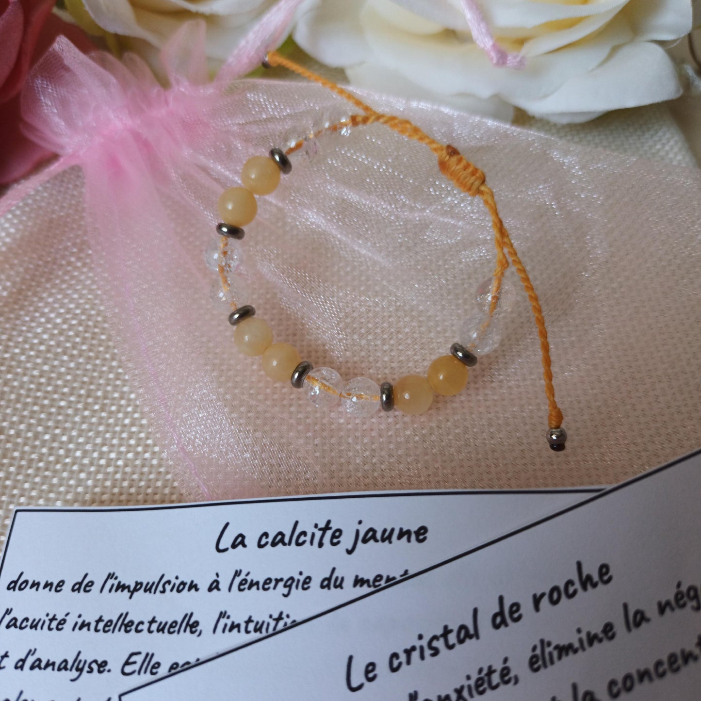 Bracelet calcite jaune et cristal de roche perles 6 mm - réglable - enfant