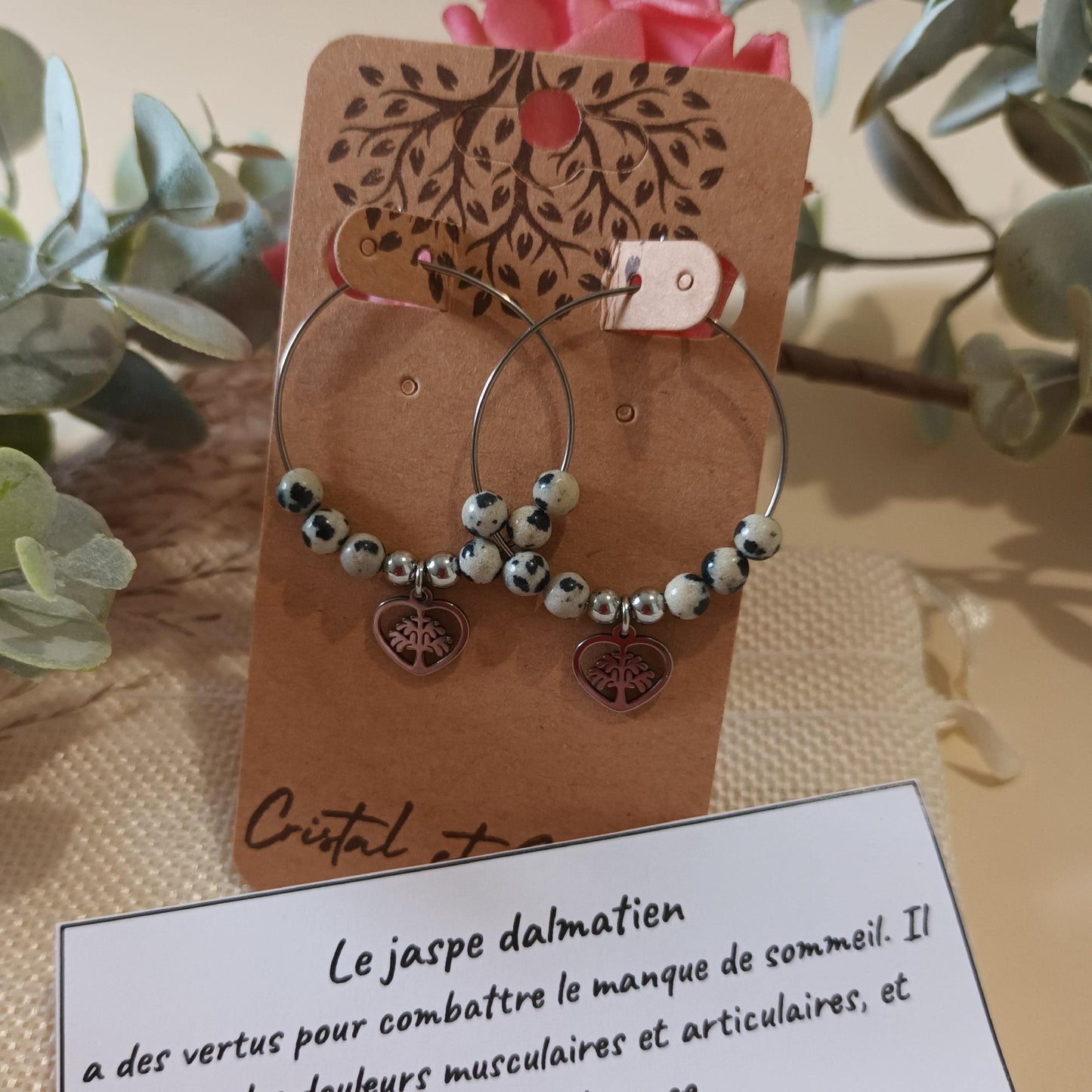 Boucles d’oreilles anneau cœur arbre de vie - jaspe dalmatien - acier inox argent - 4 × 3 cm