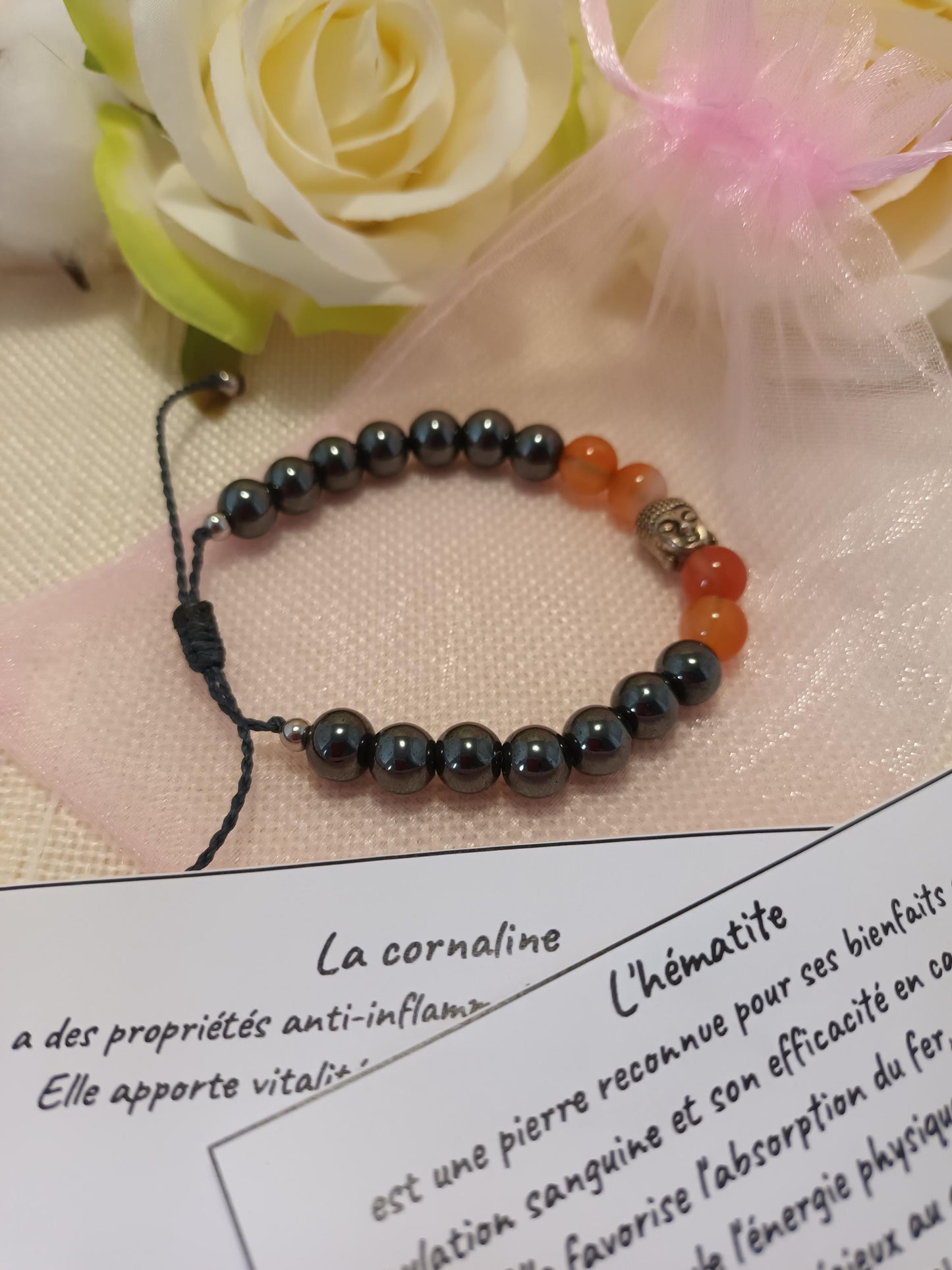 Bracelet hématite et cornaline 8 mm - Bouddha acier inox - ajustable