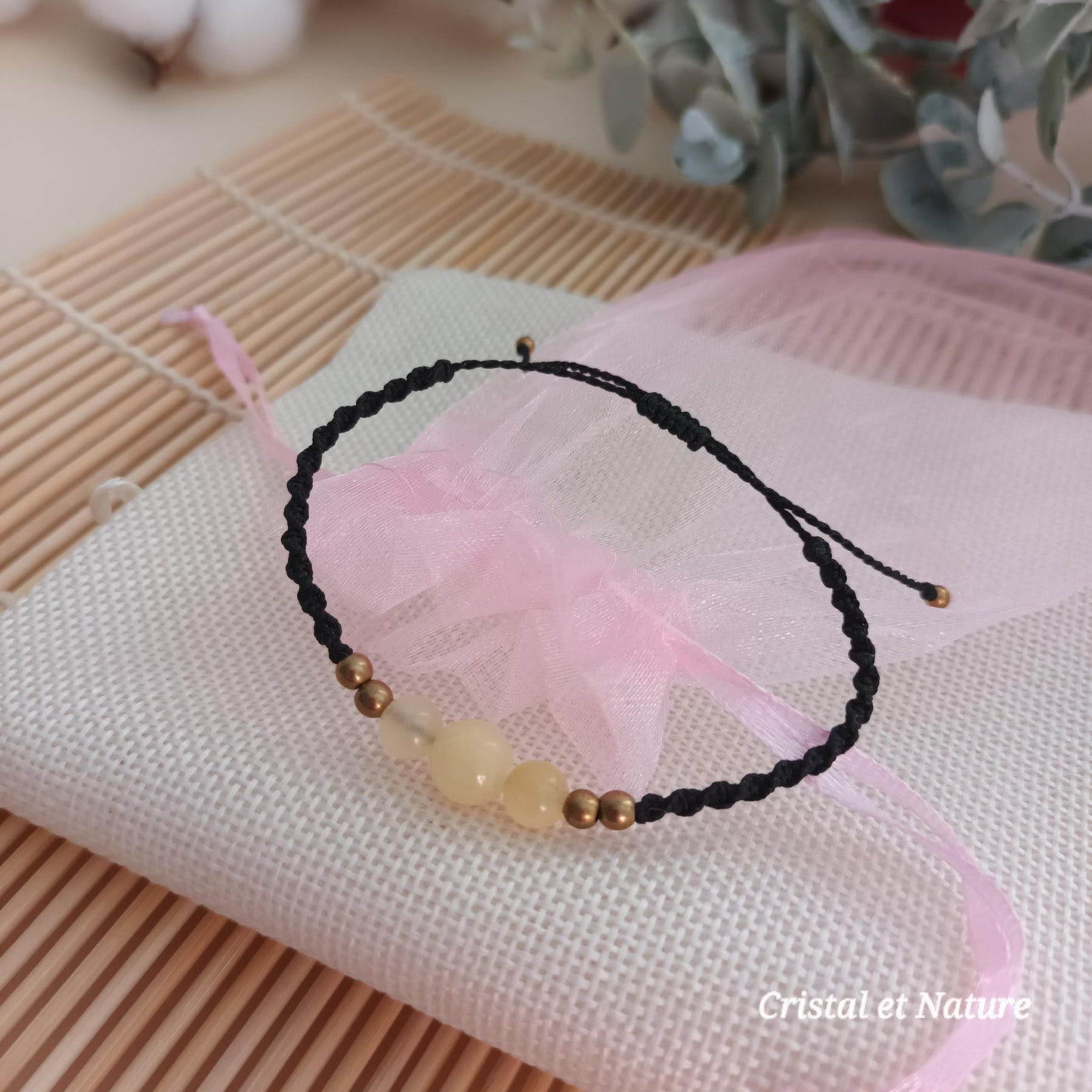 Bracelet micro‑macramé calcite jaune – perles 8 mm et 6 mm – ajustable