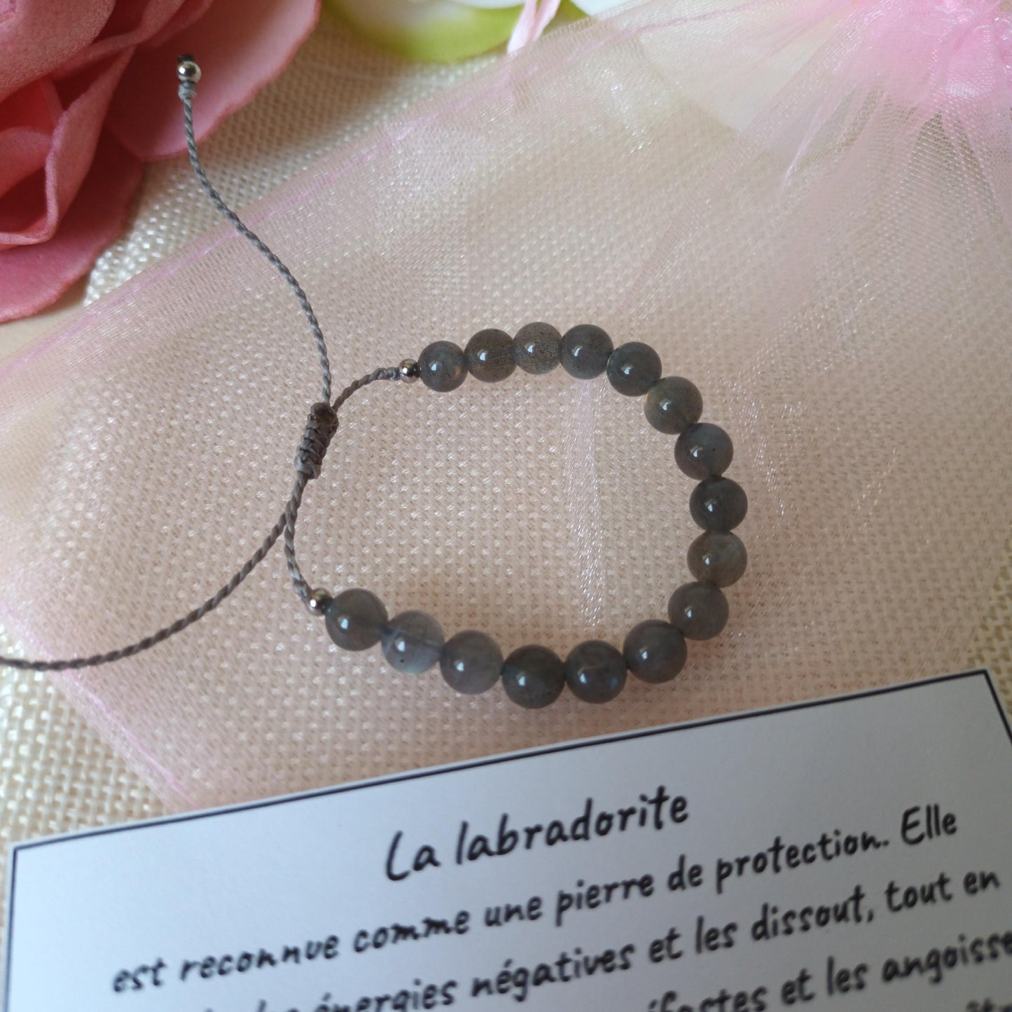 Bracelet enfant labradorite perles 6 mm - acier inox - réglable - enfant