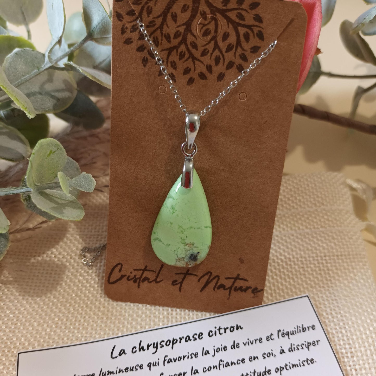 Pendentif chrysoprase citron – bélière argent – 3,2 × 1,8 cm – chaîne inox