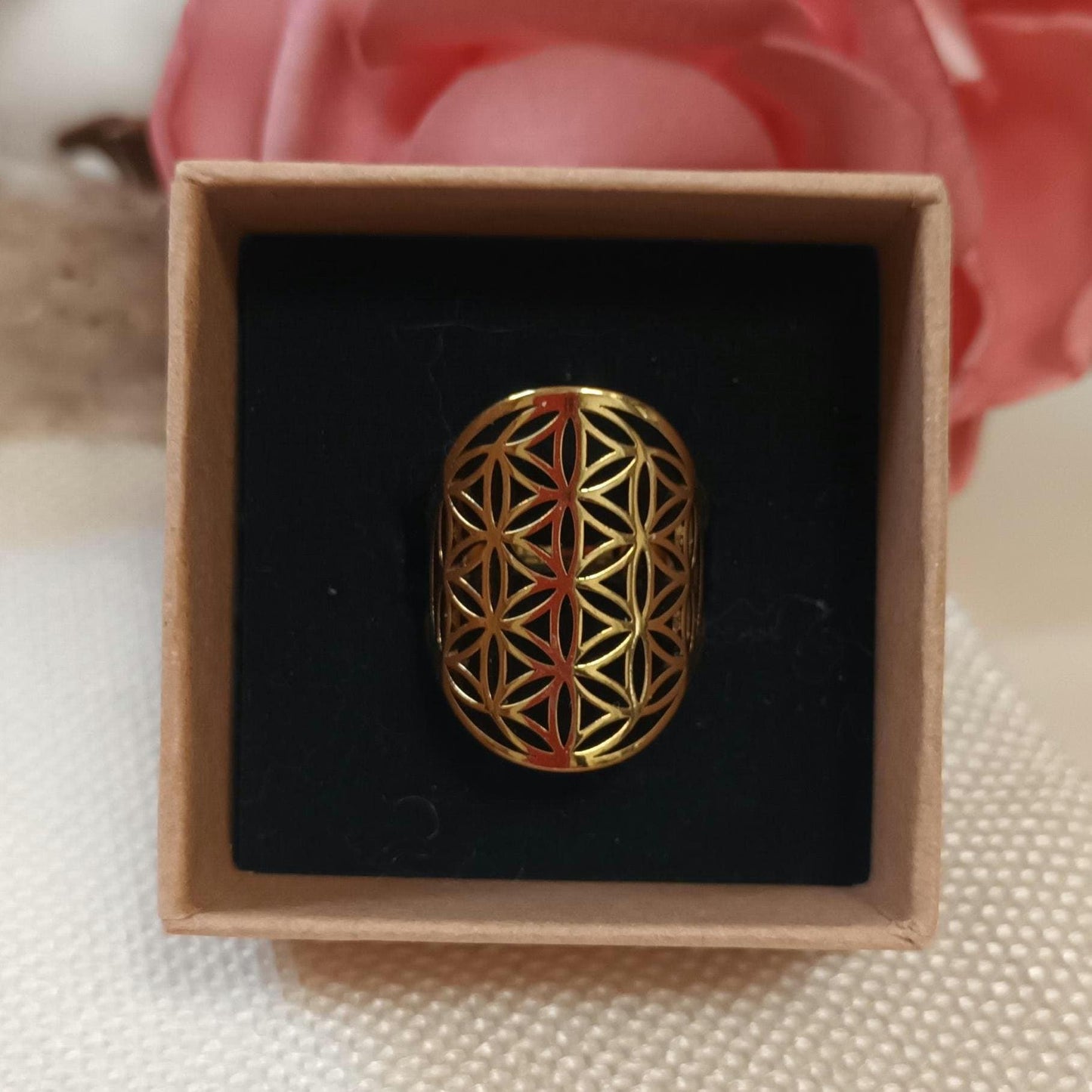 Bague fleur de vie réglable – acier inoxydable doré