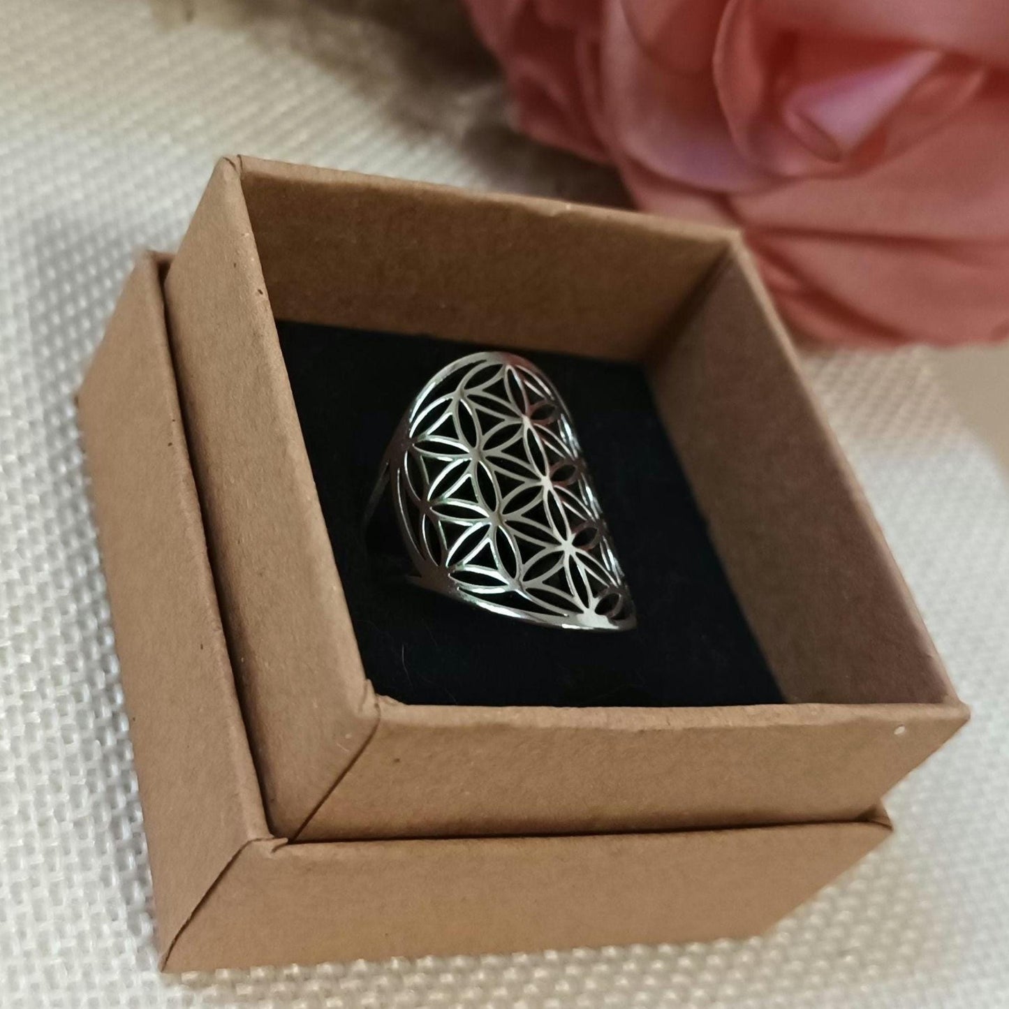 Bague fleur de vie réglable – acier inoxydable argenté