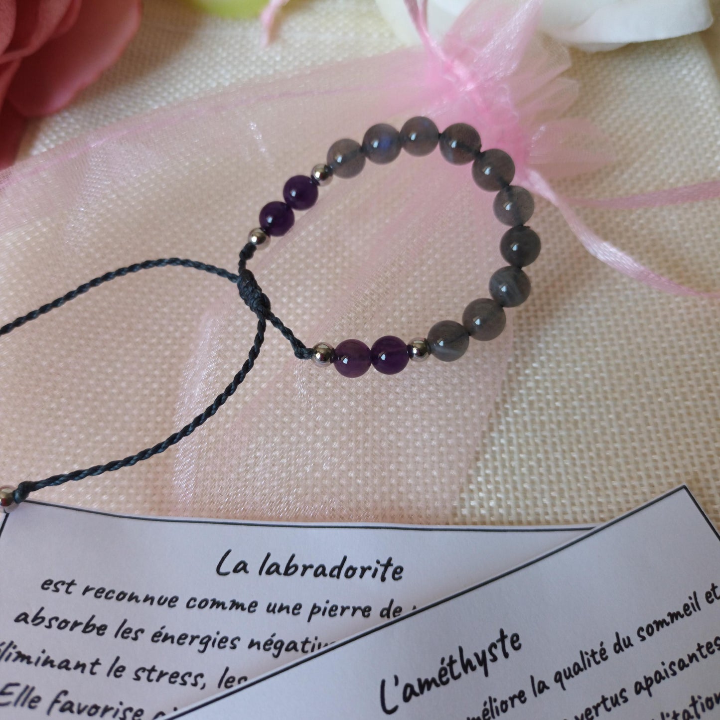 Bracelet labradorite et améthyste perles 6 mm - acier inox - réglable - enfant