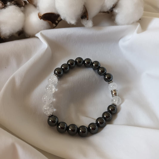 Bracelet Hématite Magnétique et Cristal de Roche – Perles 8 mm – Élastique