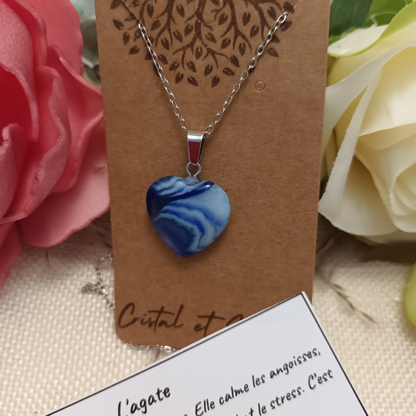 Pendentif cœur agate bleu 2 × 2 cm - chaîne acier inox argent