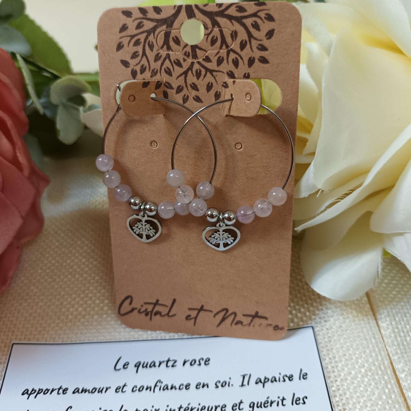 Boucles d’oreilles quartz rose - anneaux - acier inox argent - 4 × 3 cm
