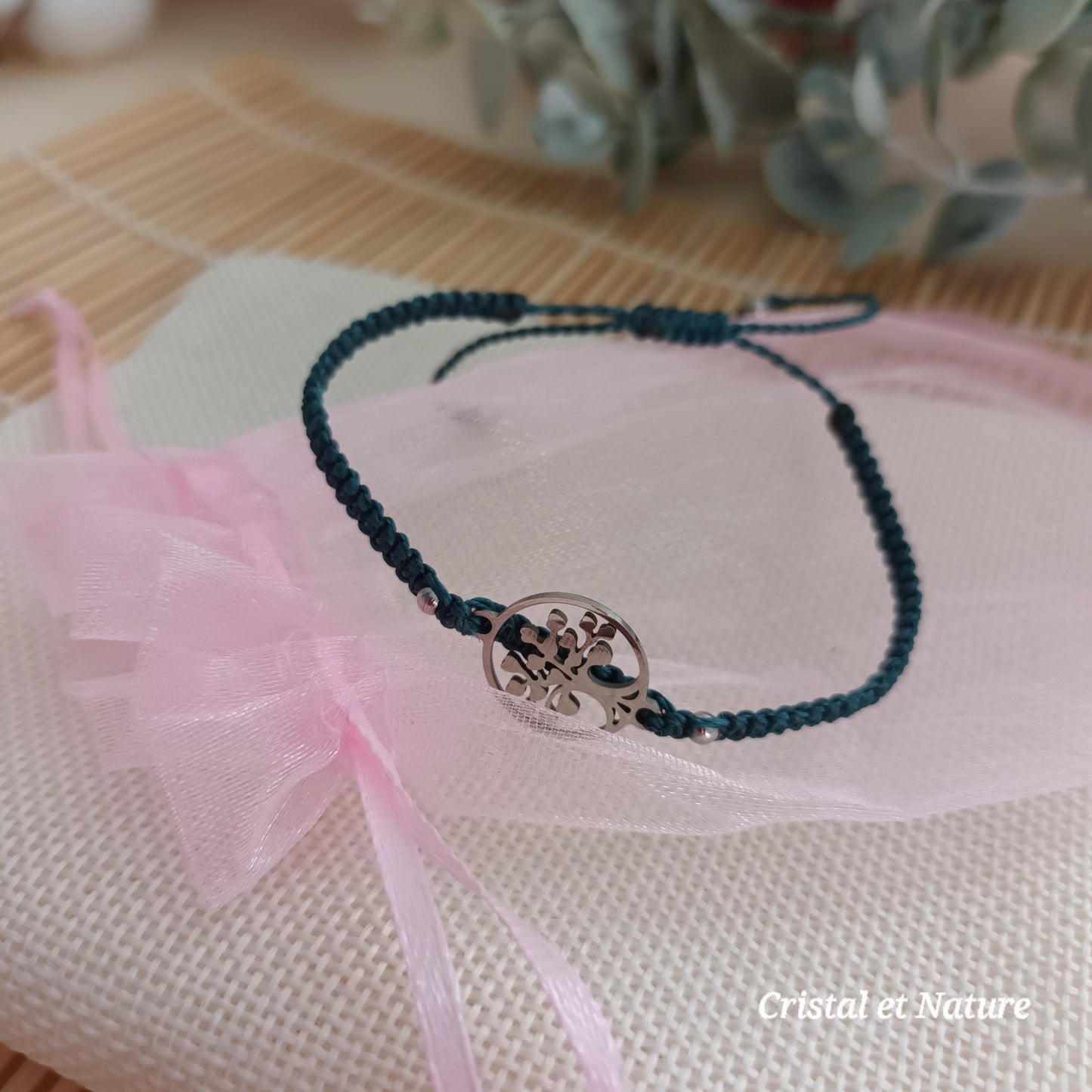 Bracelet micro‑macramé arbre de vie argent – perles acier 4 mm – ajustable
