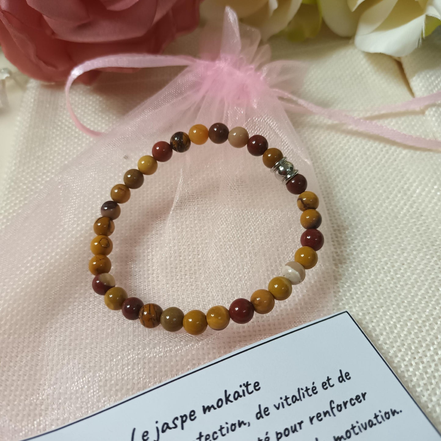 Bracelet jaspe mokaite 6 mm- perle acier inox – élastique