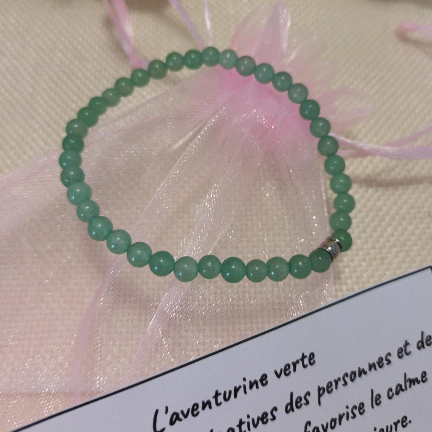 Bracelet aventurine verte 4 mm - perle acier inox – élastique 16 cm