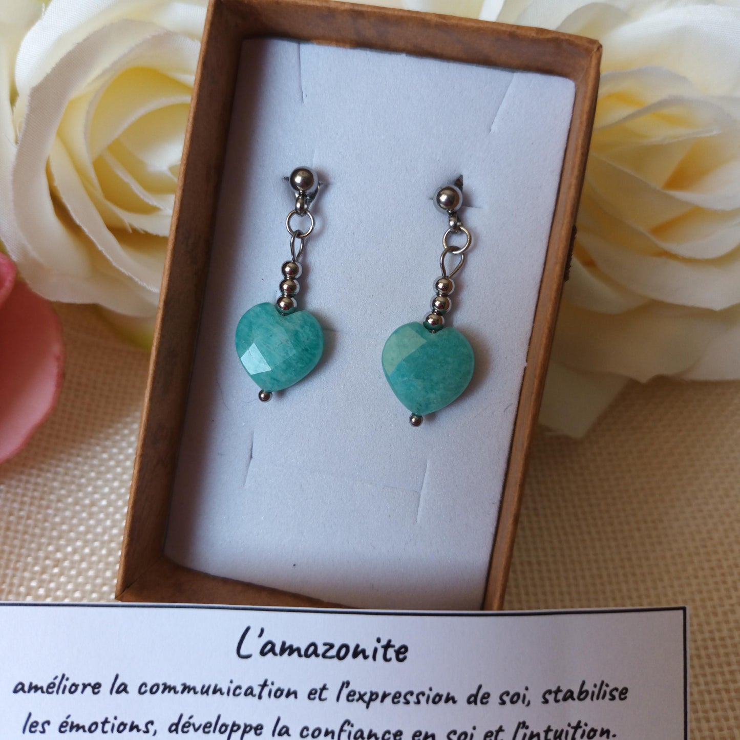 Boucles d’oreilles amazonite - cœur - acier inox - 3,2 cm
