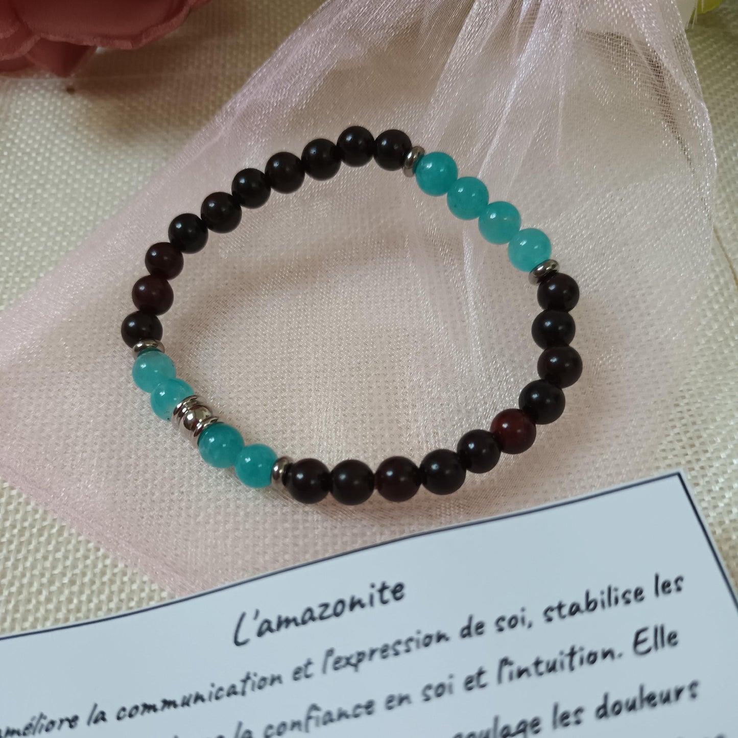 Bracelet bois foncé 6mm - amazonite du Pérou - perles acier inox - élastique