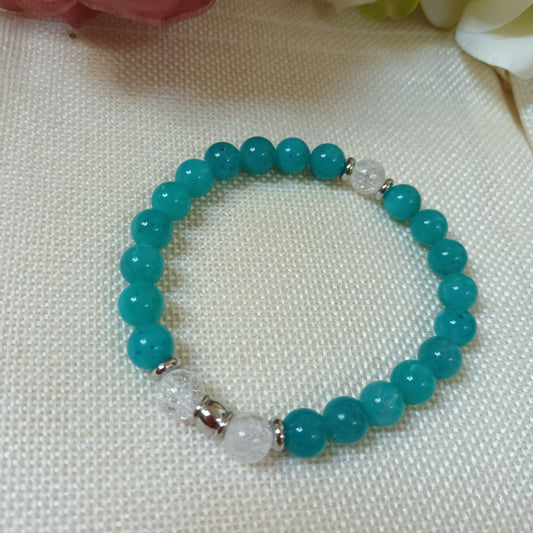 Bracelet amazonite du Pérou - cristal de roche 8 mm - perles inox - élastique 18 cm
