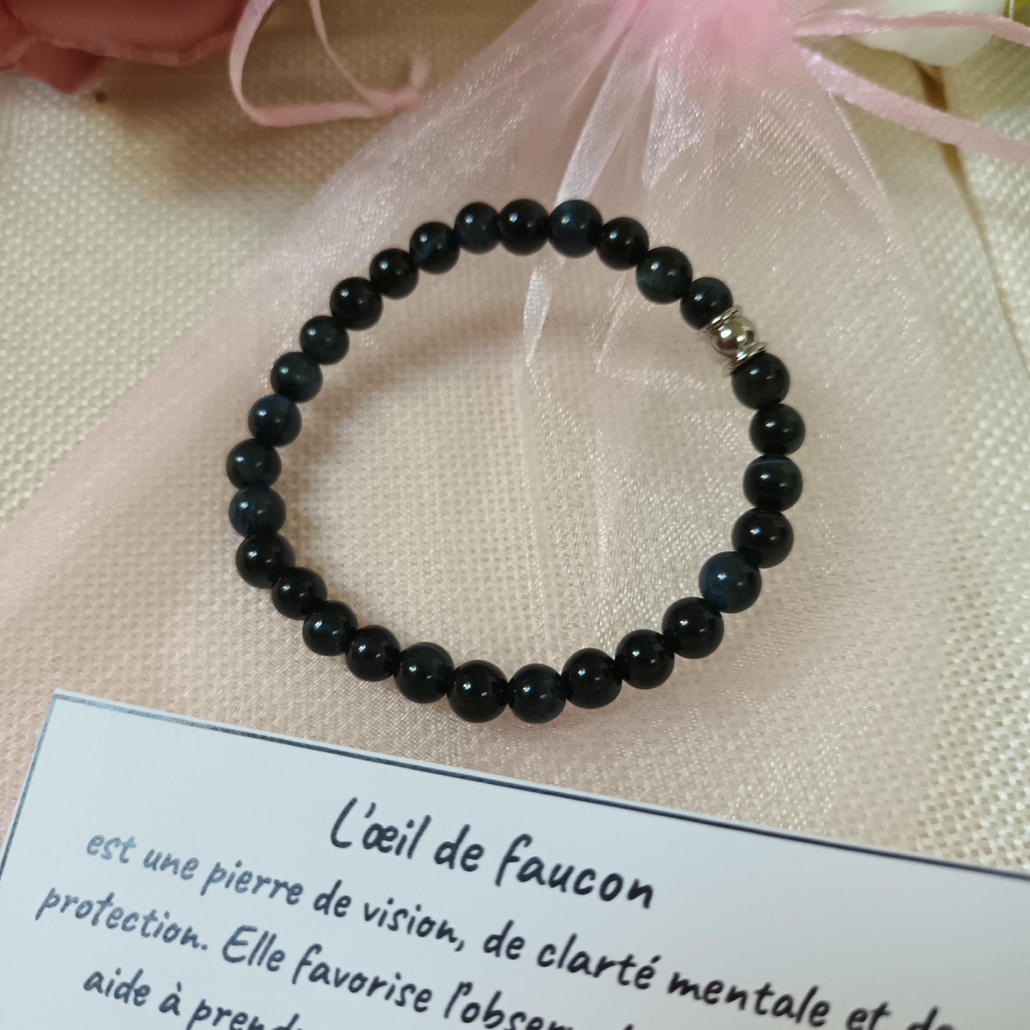 Bracelet œil de faucon 6 mm – perle acier inox – élastique