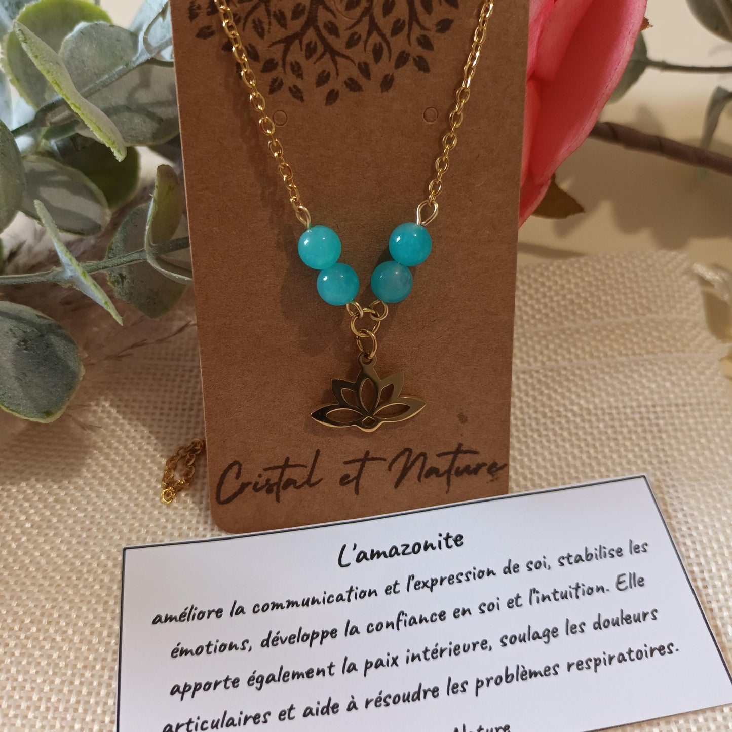 Collier amazonite – fleur de lotus – 4 perles 6 mm – acier inoxydable or
