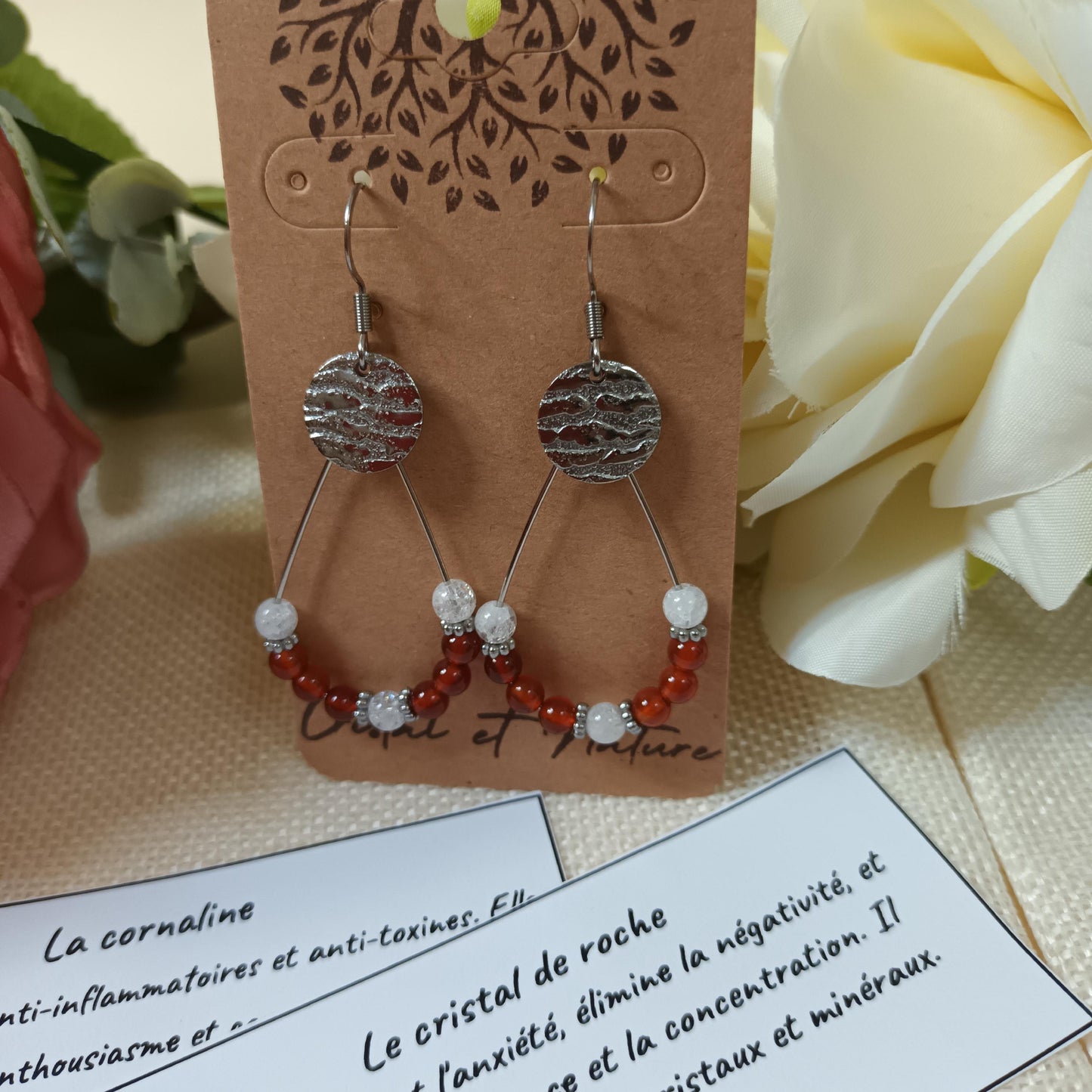 Boucles d’oreilles cornaline et cristal de roche - acier inox argent - 5,8 cm