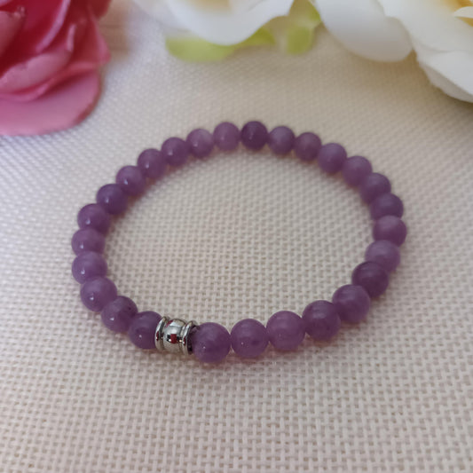 Bracelet lépidolite 6 mm - perle acier inox - élastique 15 cm