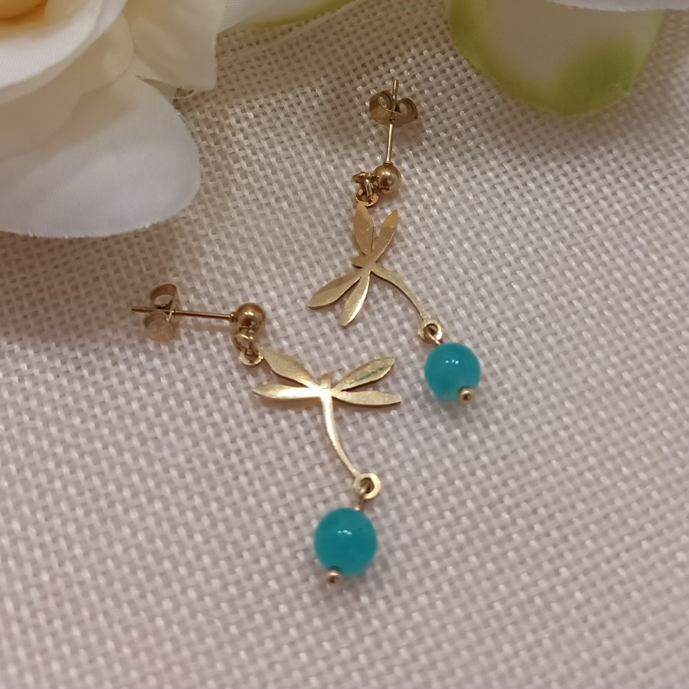 Boucles d’oreilles amazonite - motif libellule - acier inoxydable - 4 × 1,5 cm