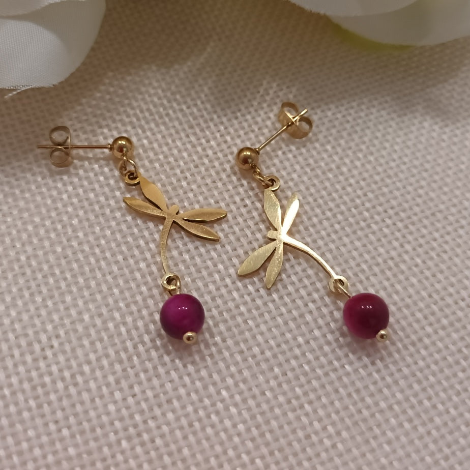 Boucles d’oreilles œil de tigre teinté rose - motif libellule - acier inoxydable - 4 × 1,5 cm