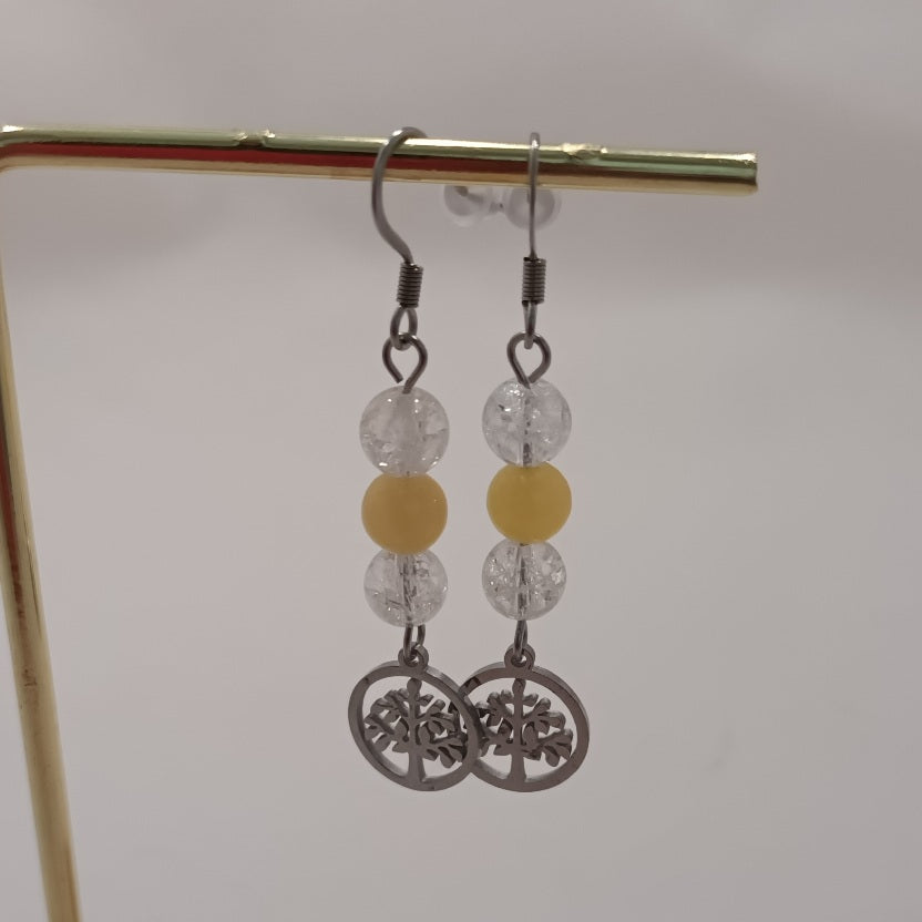 Boucles d’oreilles cristal de roche & calcite orange - acier inoxydable - 5,3 × 1 cm