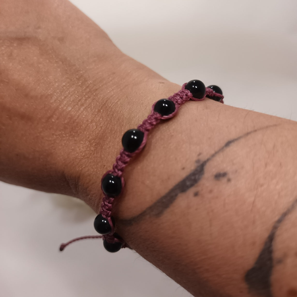 Bracelet obsidienne œil céleste 6 mm - micro‑macramé - réglable