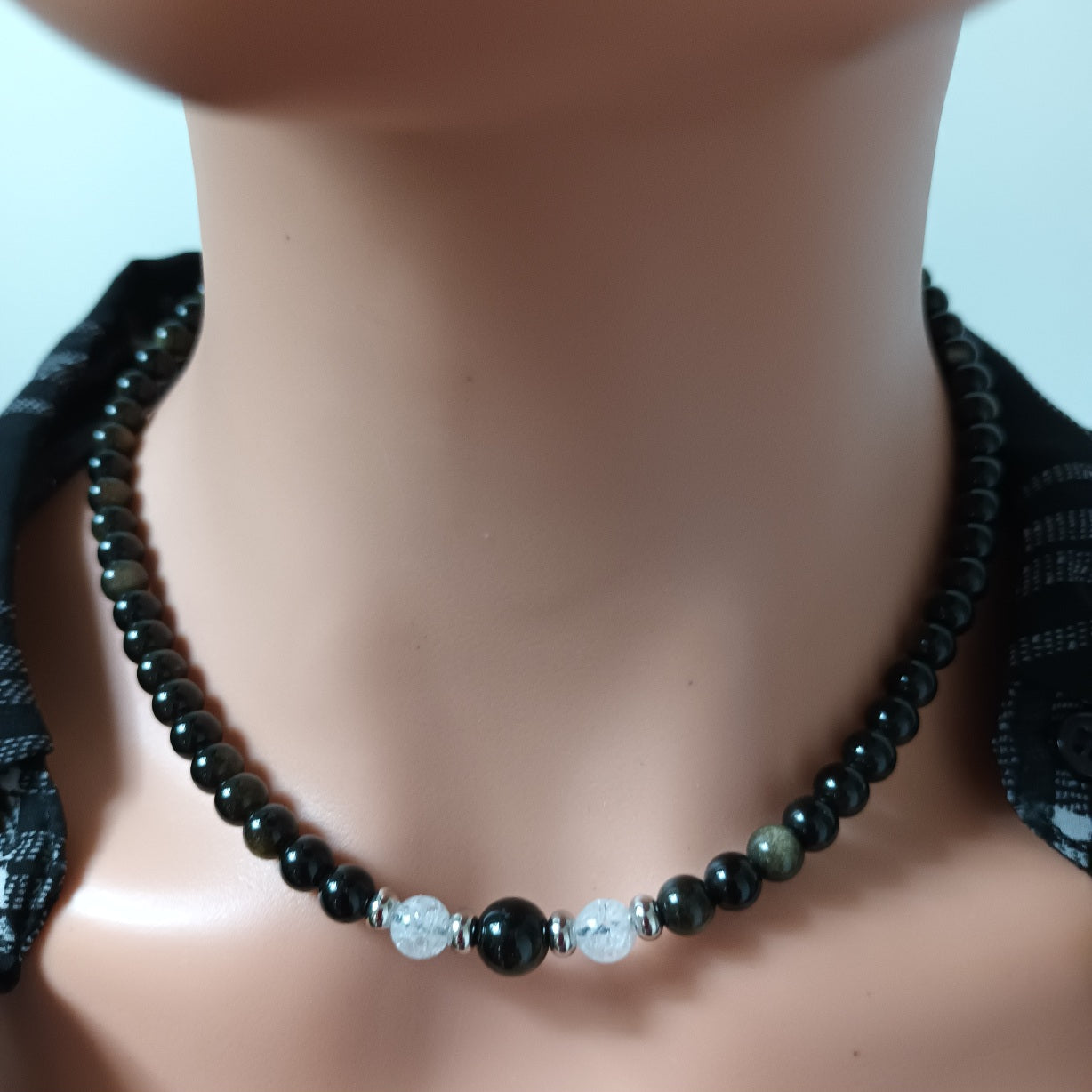 Collier obsidienne dorée & cristal de roche - perles acier inox - réglable