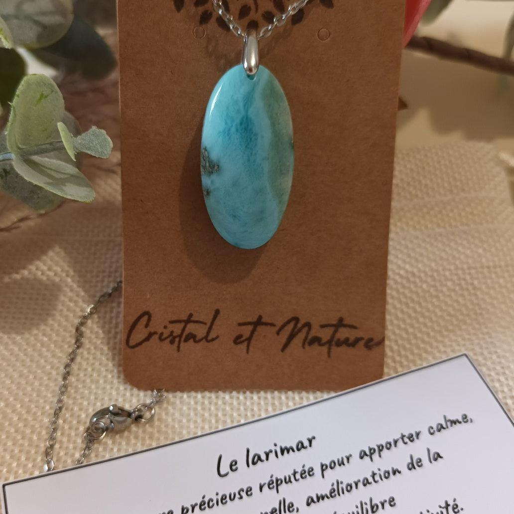 Pendentif larimar 3,2 × 1,6 cm - chaîne acier inox argent