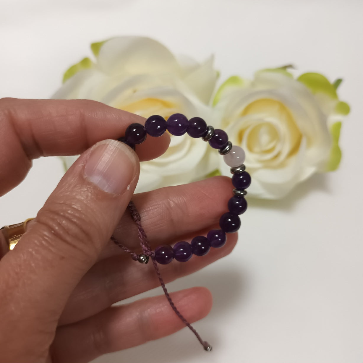 Bracelet améthyste & quartz rose 6 mm - réglable - enfant