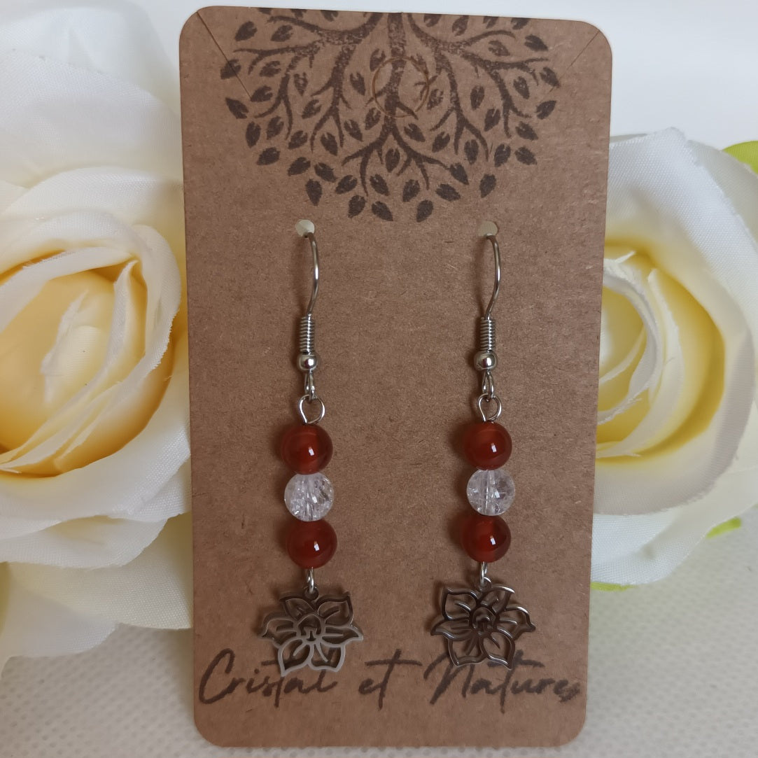 Boucles d’oreilles cornaline & cristal de roche - acier inoxydable - 5,5 × 1,4 cm