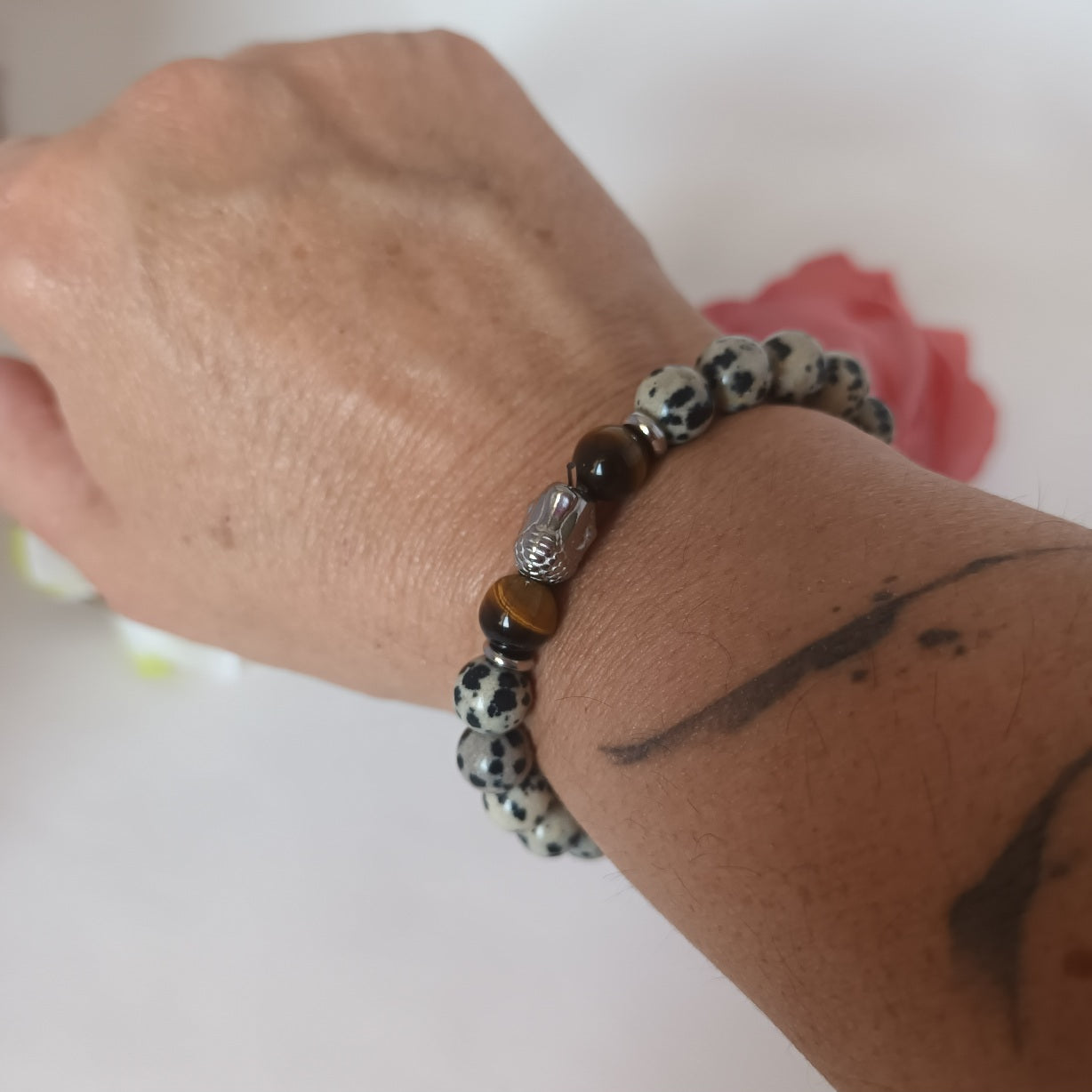Bracelet jaspe dalmatien et œil de tigre 8 mm - bouddha acier inox - élastique 15,5 cm