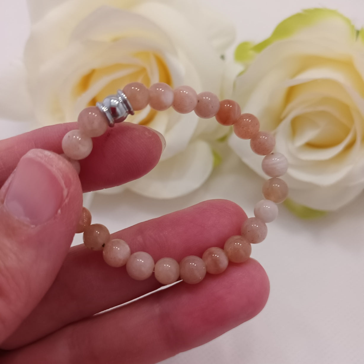Bracelet pierre de lune rose - perle acier inox - élastique 12 cm - enfant