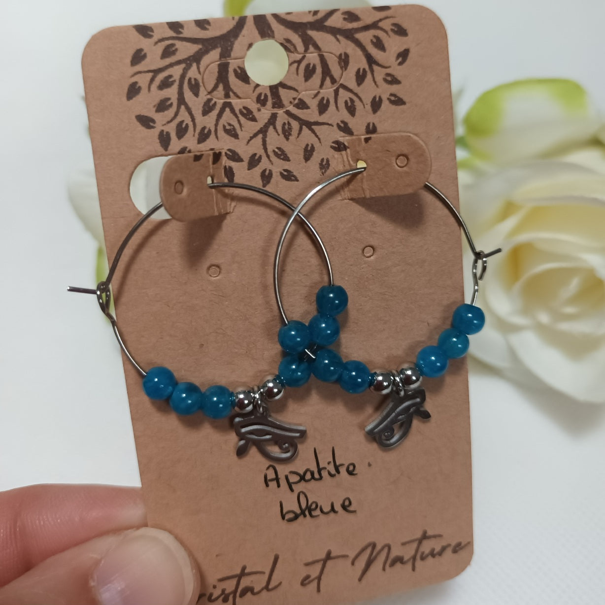 Boucles d’oreilles anneau apatite bleue - motif troisième œil - acier inoxydable - 4 × 3 cm