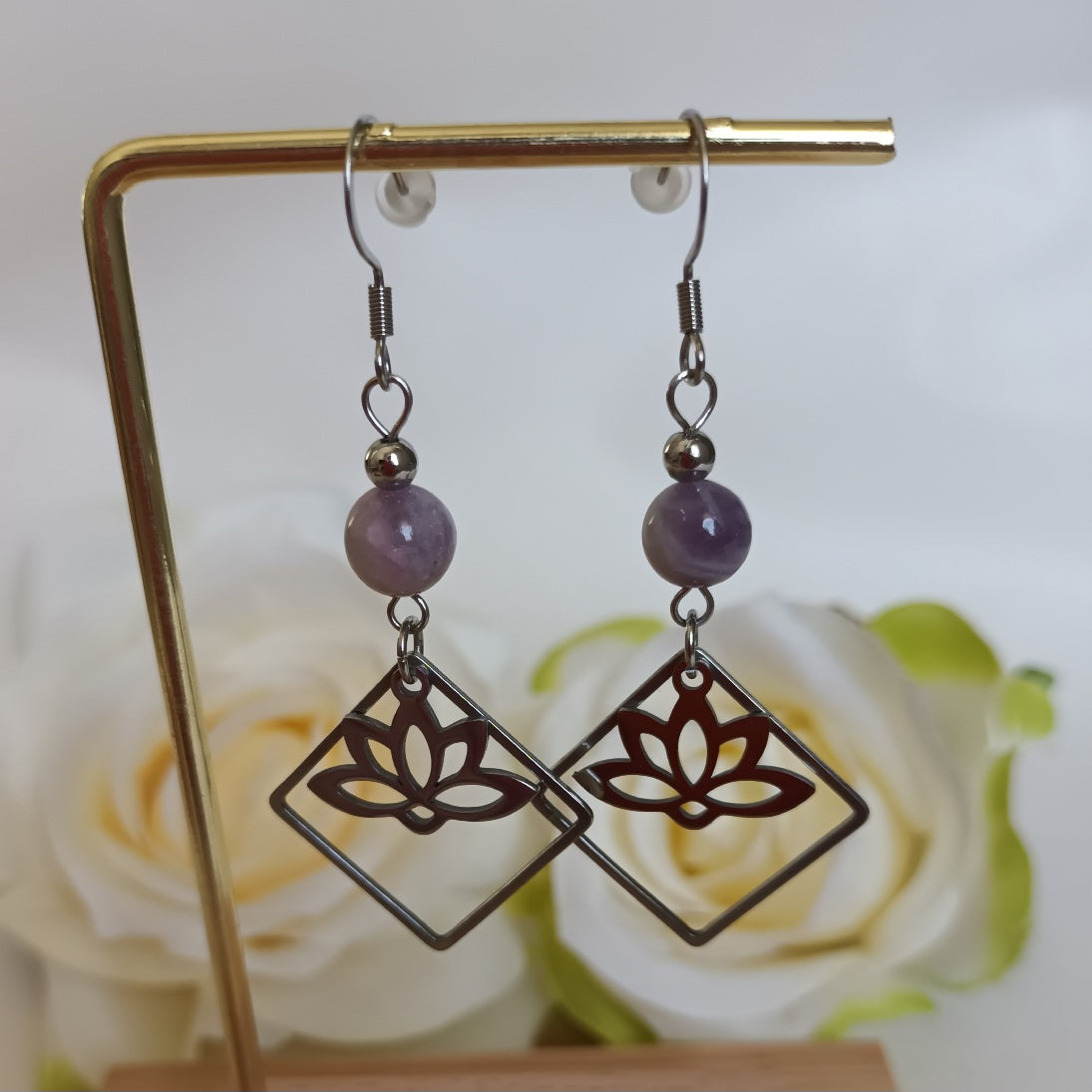 Boucles d’oreilles tourmaline rose - acier inoxydable - 6,5 × 2,7 cm