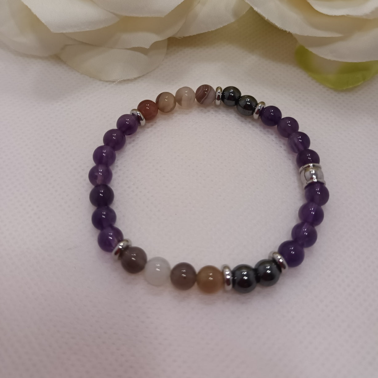Bracelet Anti‑Addictions - améthyste, agate Botswana & hématite - perles acier inox - élastique 16 cm