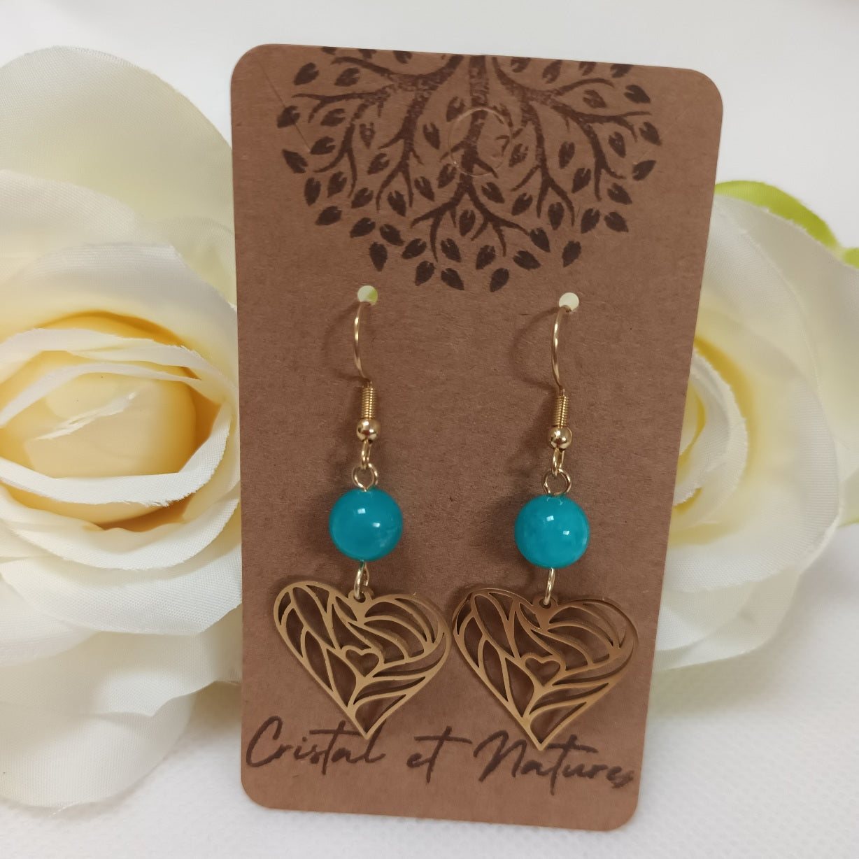Boucles d’oreilles amazonite du Pérou - acier inoxydable - 5,5 × 2 cm