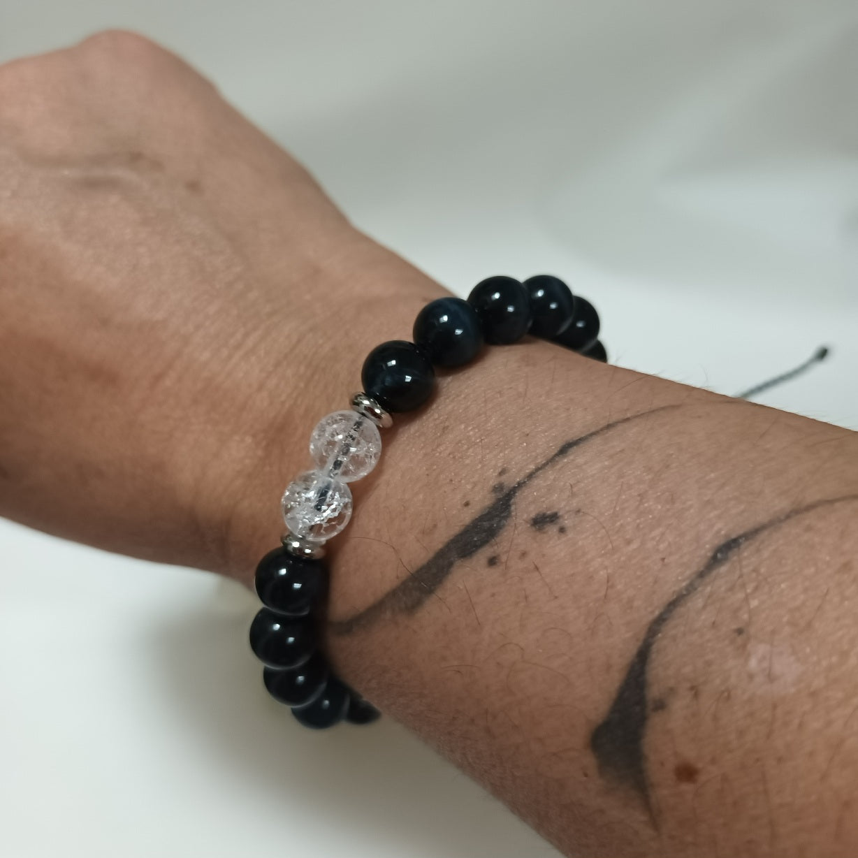 Bracelet œil de faucon & cristal de roche 8 mm - réglable