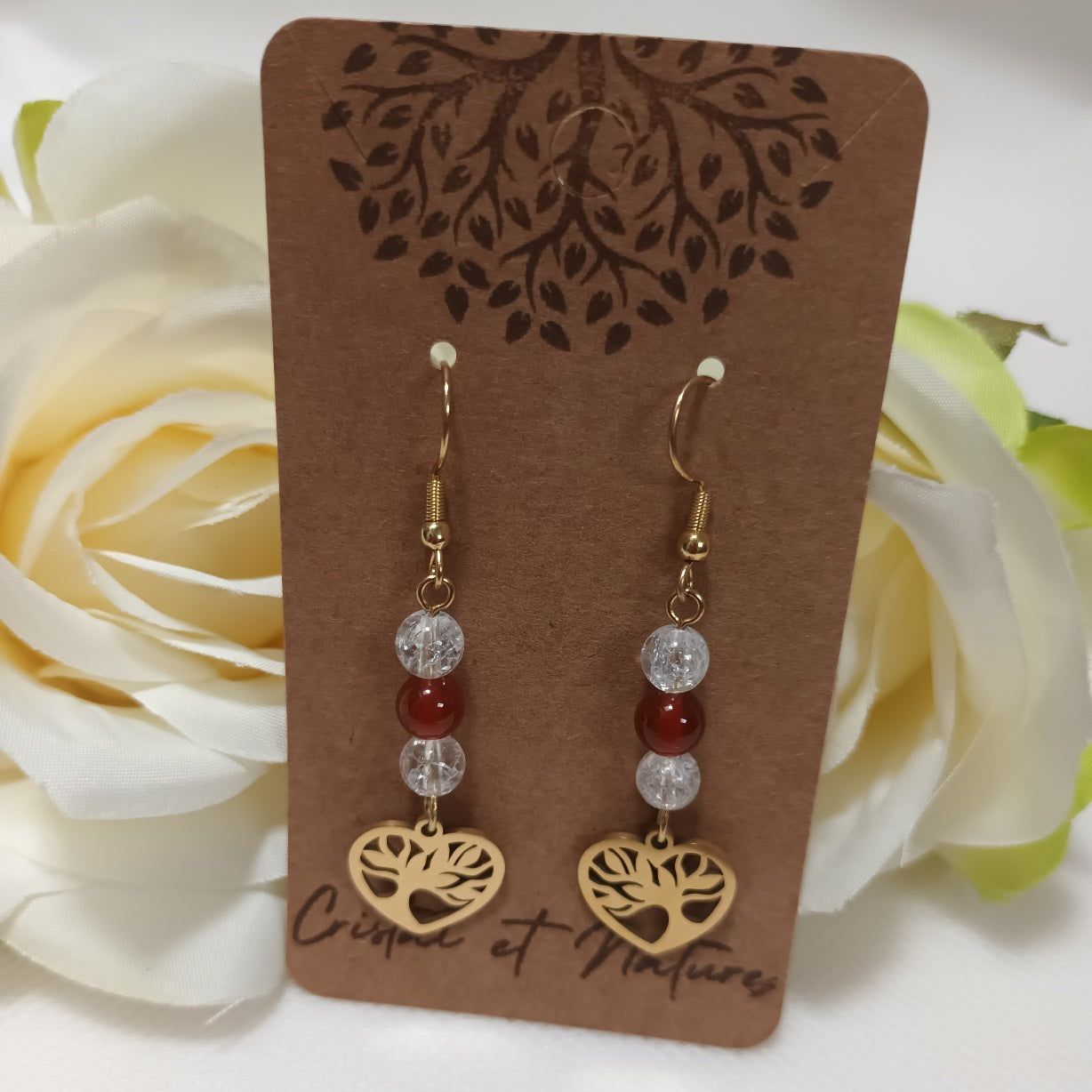Boucles d’oreilles cornaline & cristal de roche - acier inoxydable - 5,5 × 1,5 cm